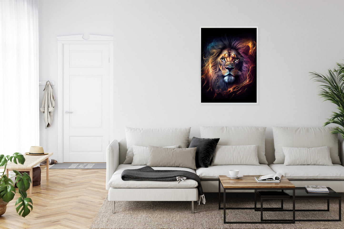 Poster Magisches Porträt Eines Löwen Rahmen Holz Mit Passepartout Farbe Natürlich