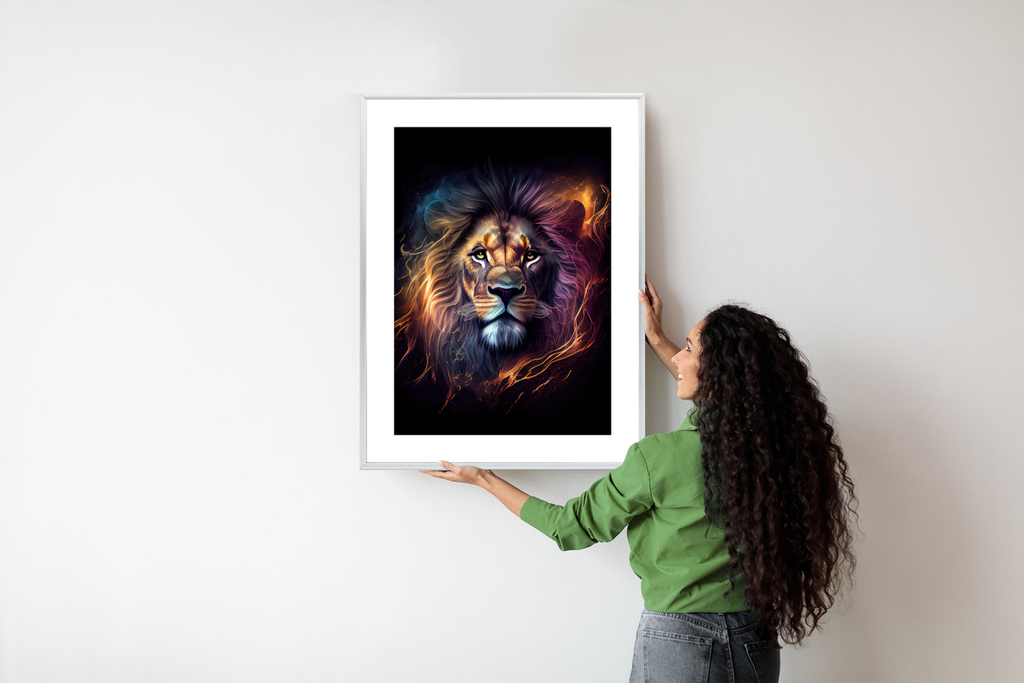 Poster Magisches Porträt Eines Löwen Rahmen Holz Mit Passepartout Farbe Natürlich