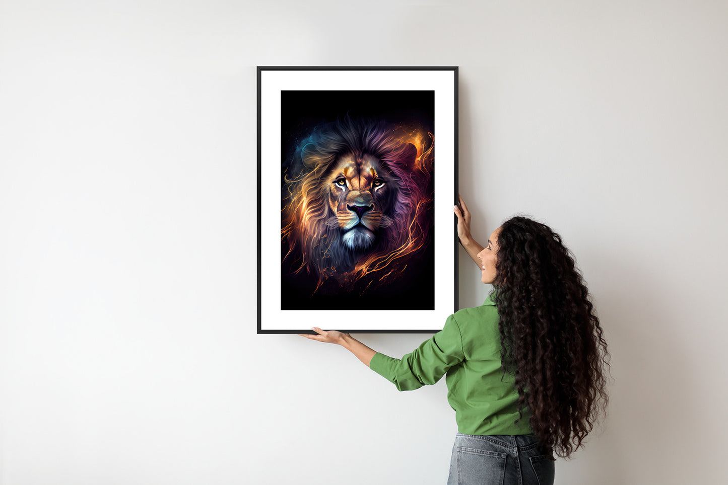 Poster Magisches Porträt Eines Löwen Rahmen Holz Mit Passepartout Farbe Natürlich