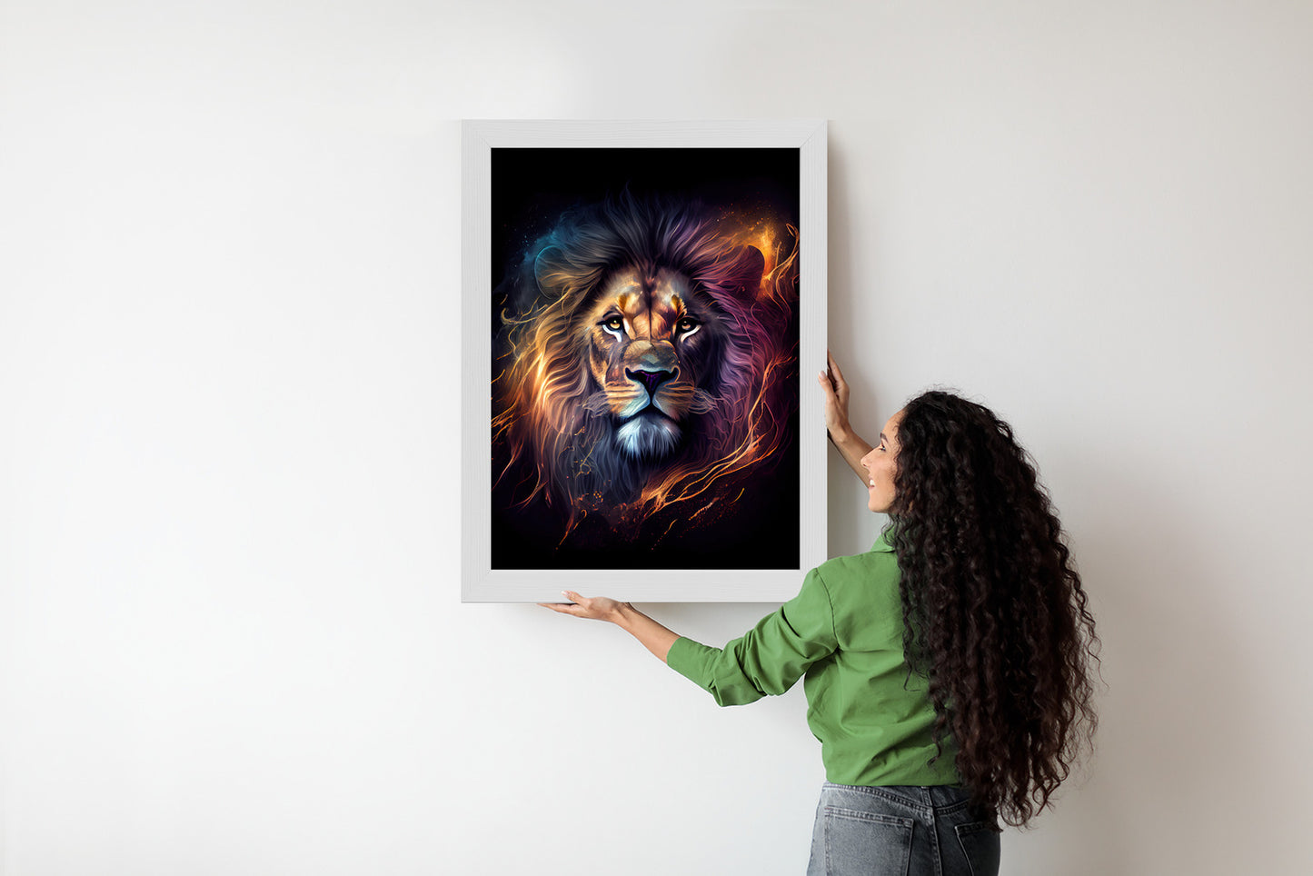 Poster Magisches Porträt Eines Löwen Rahmen Holz Mit Passepartout Farbe Natürlich