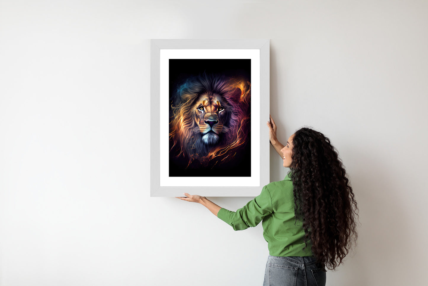 Poster Magisches Porträt Eines Löwen Rahmen Holz Mit Passepartout Farbe Natürlich