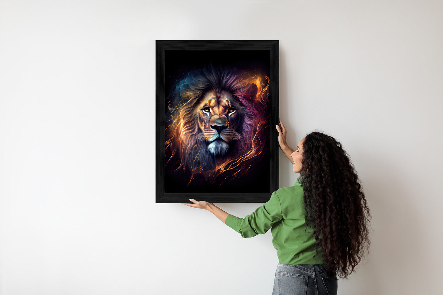 Poster Magisches Porträt Eines Löwen Rahmen Holz Mit Passepartout Farbe Natürlich