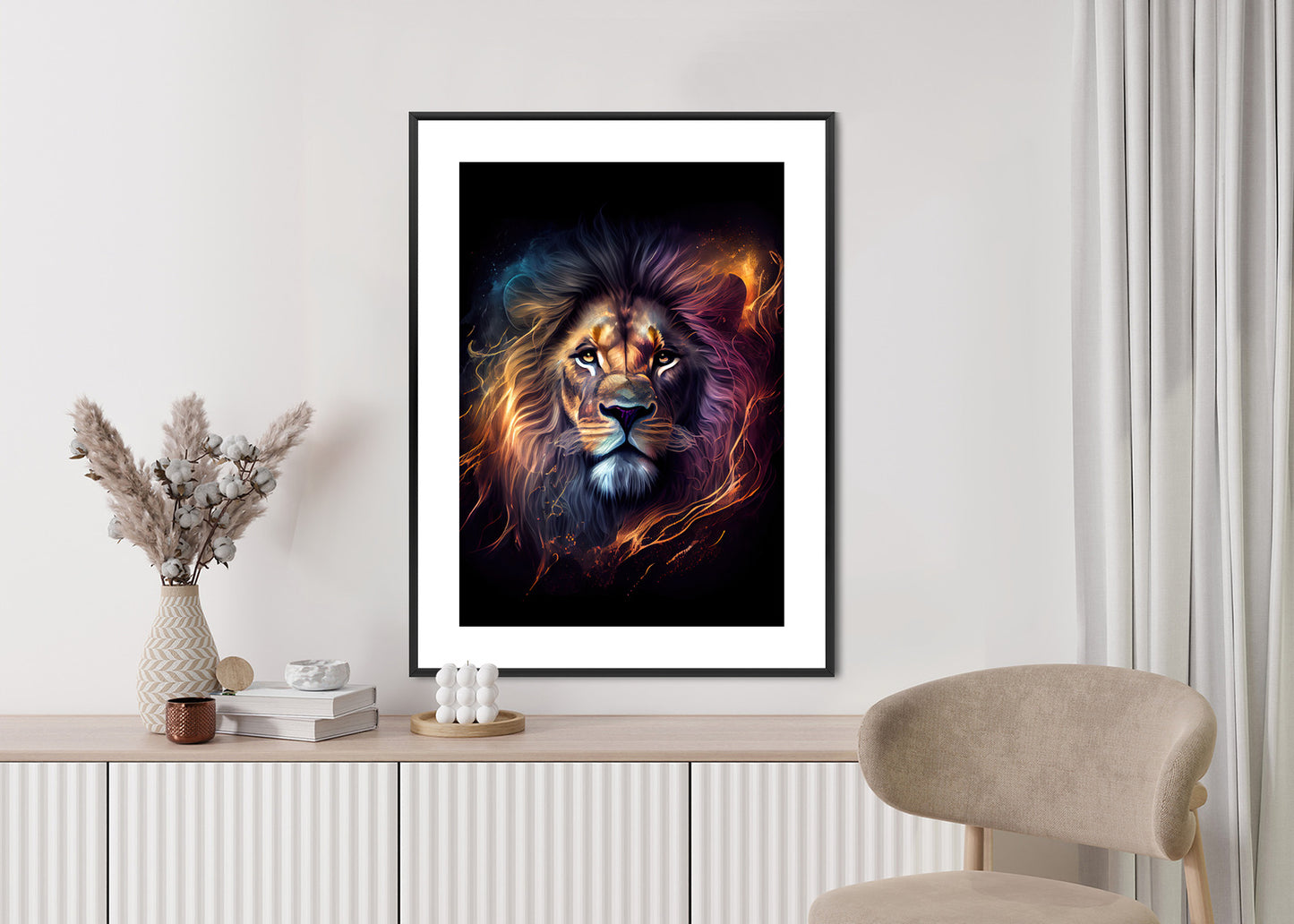 Poster Magisches Porträt Eines Löwen Rahmen Holz Mit Passepartout Farbe Natürlich