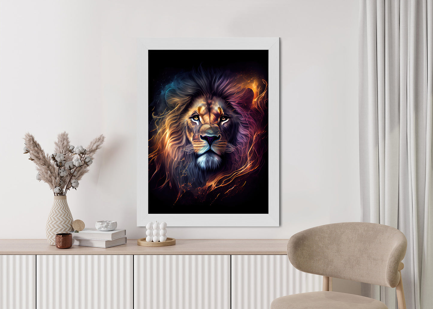 Poster Magisches Porträt Eines Löwen Rahmen Holz Mit Passepartout Farbe Natürlich