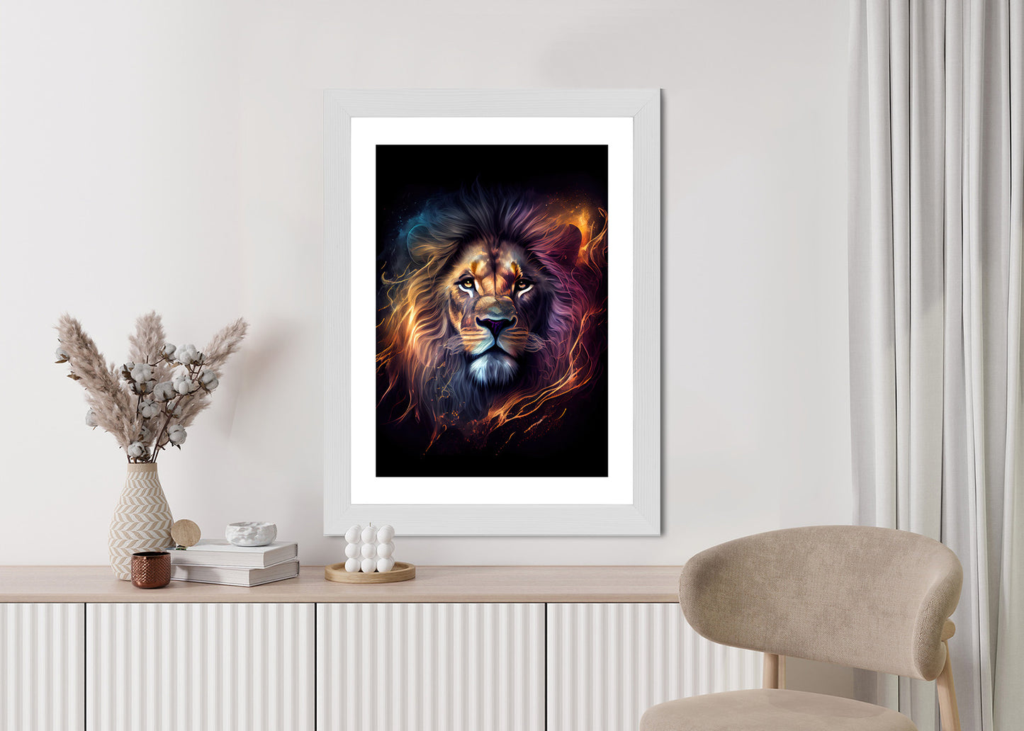 Poster Magisches Porträt Eines Löwen Rahmen Holz Mit Passepartout Farbe Natürlich