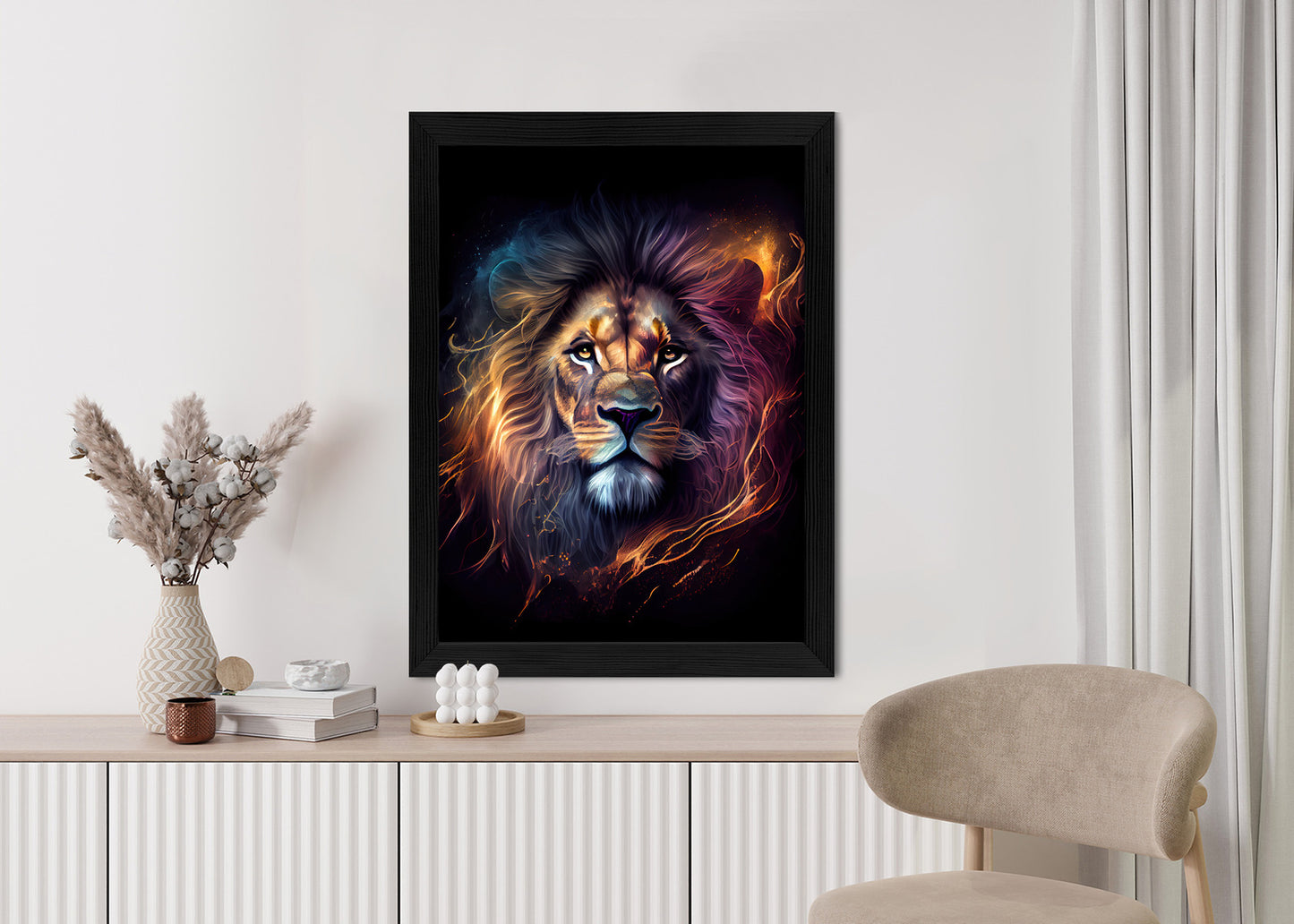 Poster Magisches Porträt Eines Löwen Rahmen Holz Mit Passepartout Farbe Natürlich