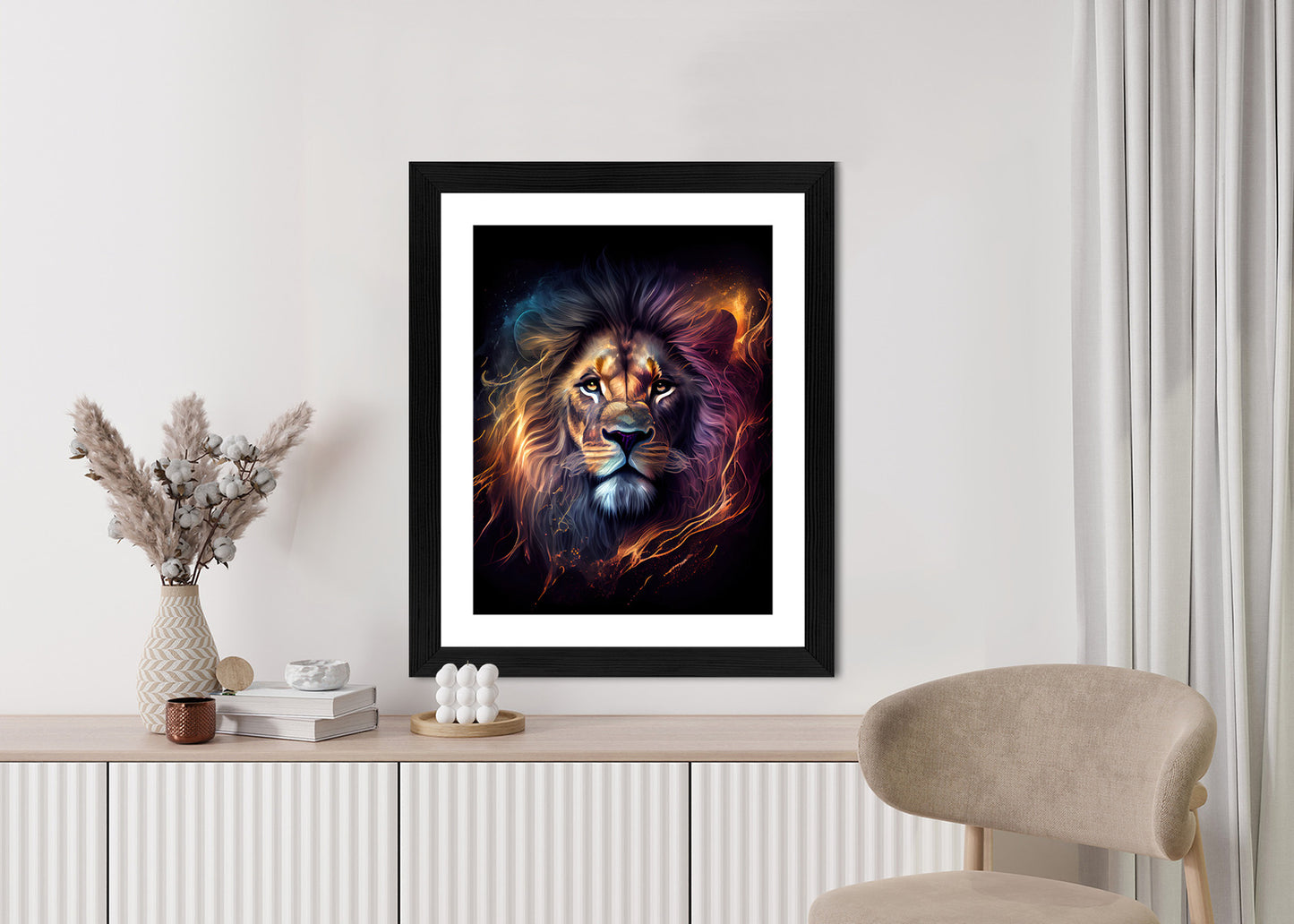 Poster Magisches Porträt Eines Löwen Rahmen Holz Mit Passepartout Farbe Natürlich