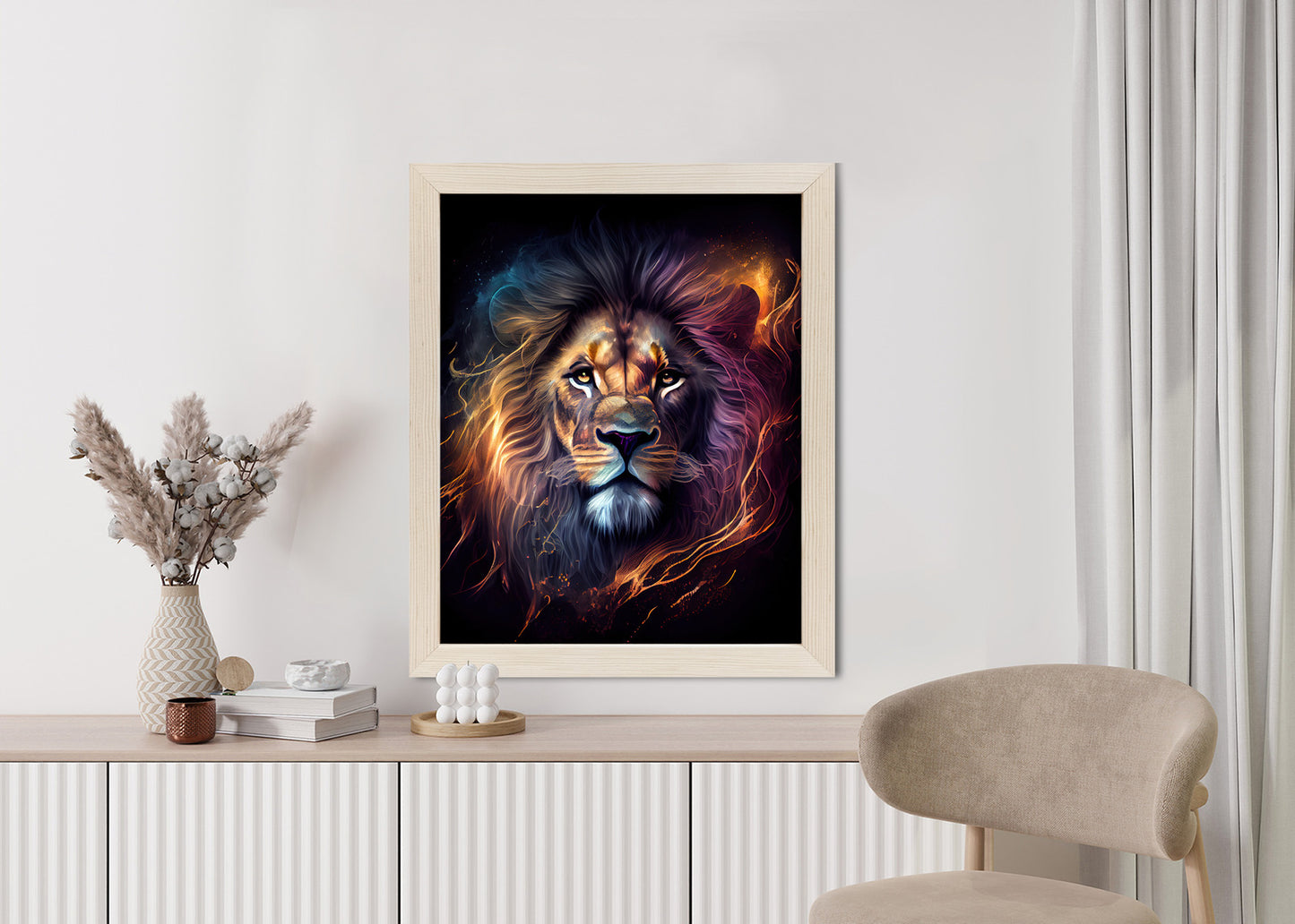 Poster Magisches Porträt Eines Löwen Rahmen Holz Mit Passepartout Farbe Natürlich