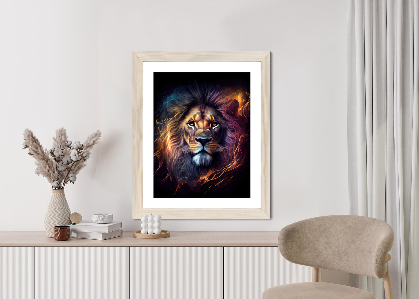 Poster Magisches Porträt Eines Löwen Rahmen Holz Mit Passepartout Farbe Natürlich