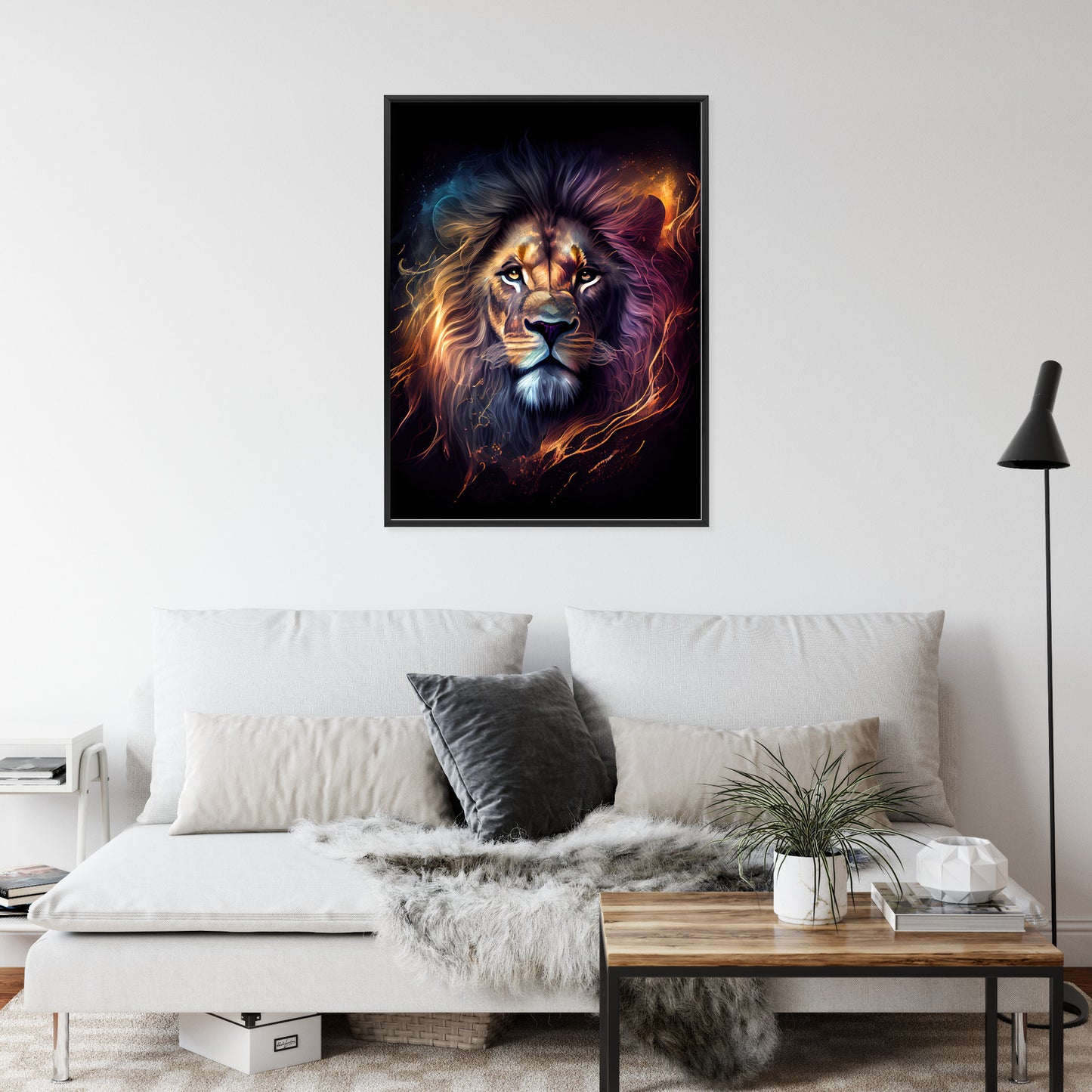 Poster Magisches Porträt Eines Löwen Rahmen Holz Mit Passepartout Farbe Natürlich