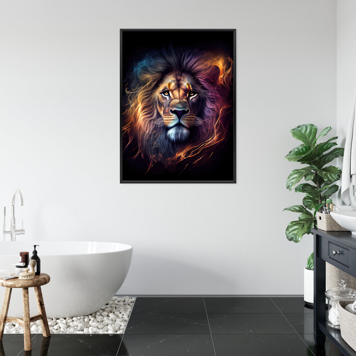 Poster Magisches Porträt Eines Löwen Rahmen Holz Mit Passepartout Farbe Natürlich