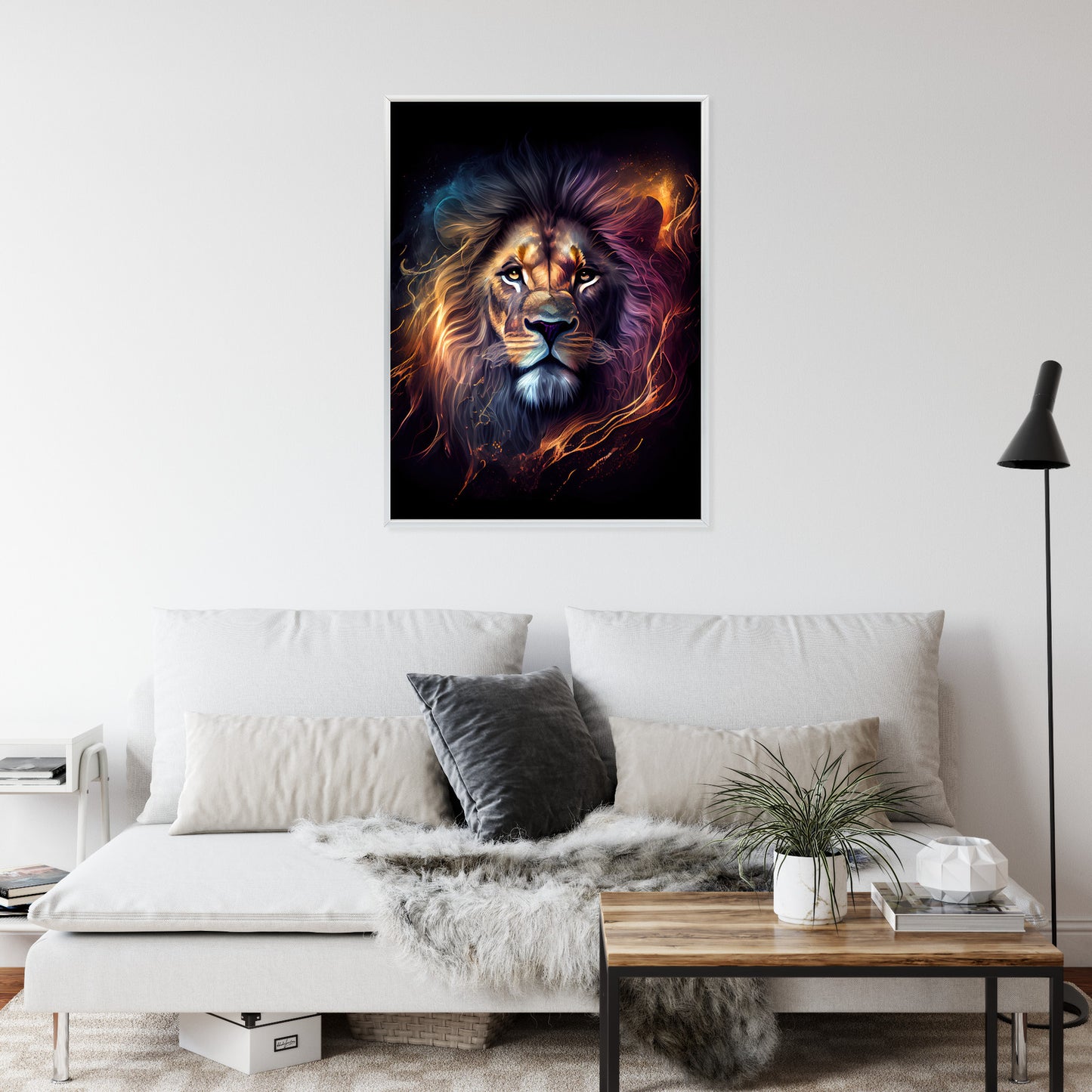 Poster Magisches Porträt Eines Löwen Rahmen Holz Mit Passepartout Farbe Natürlich