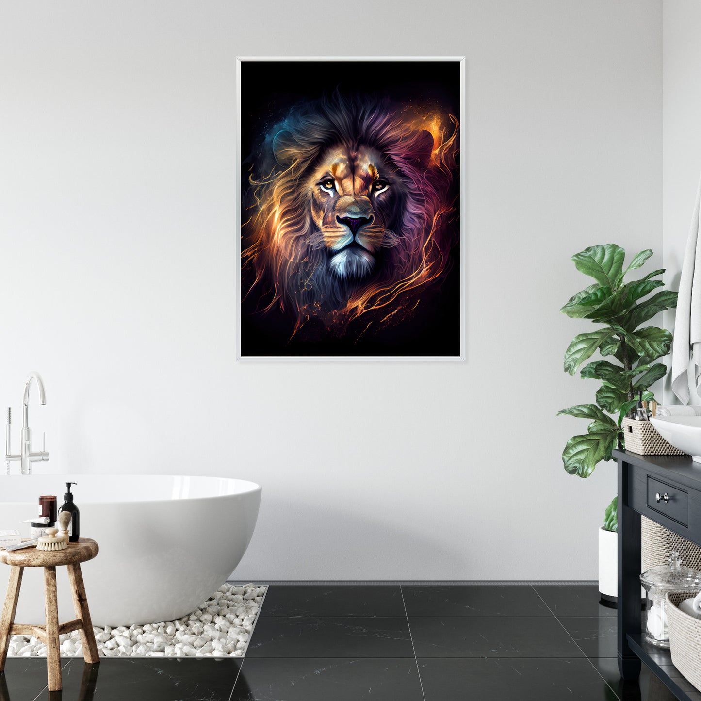 Poster Magisches Porträt Eines Löwen Rahmen Holz Mit Passepartout Farbe Natürlich