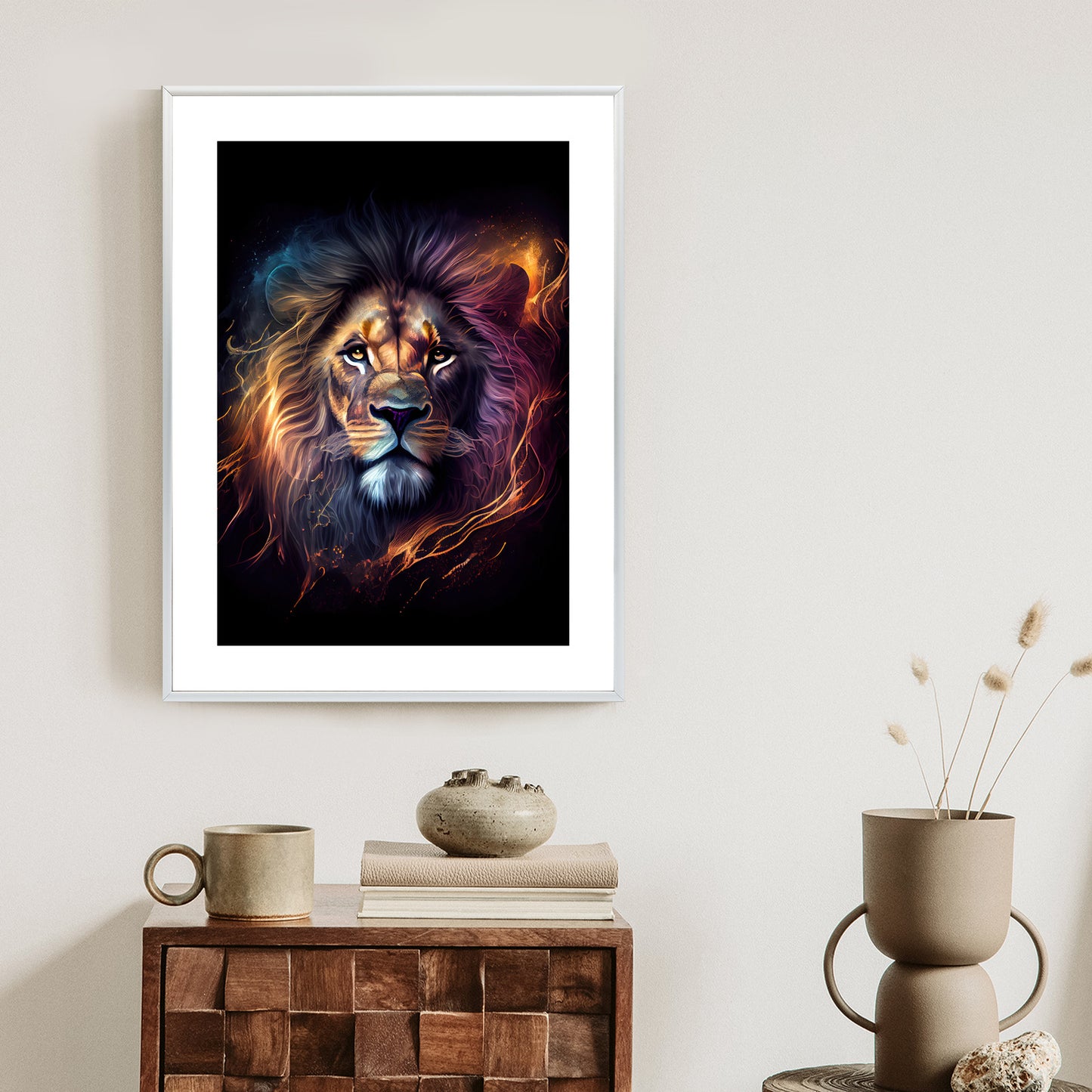 Poster Magisches Porträt Eines Löwen Rahmen Holz Mit Passepartout Farbe Natürlich