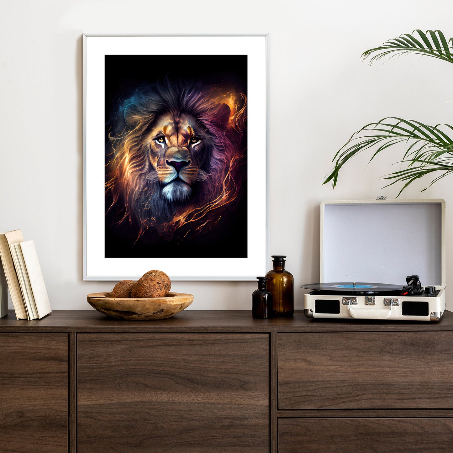 Poster Magisches Porträt Eines Löwen Rahmen Holz Mit Passepartout Farbe Natürlich