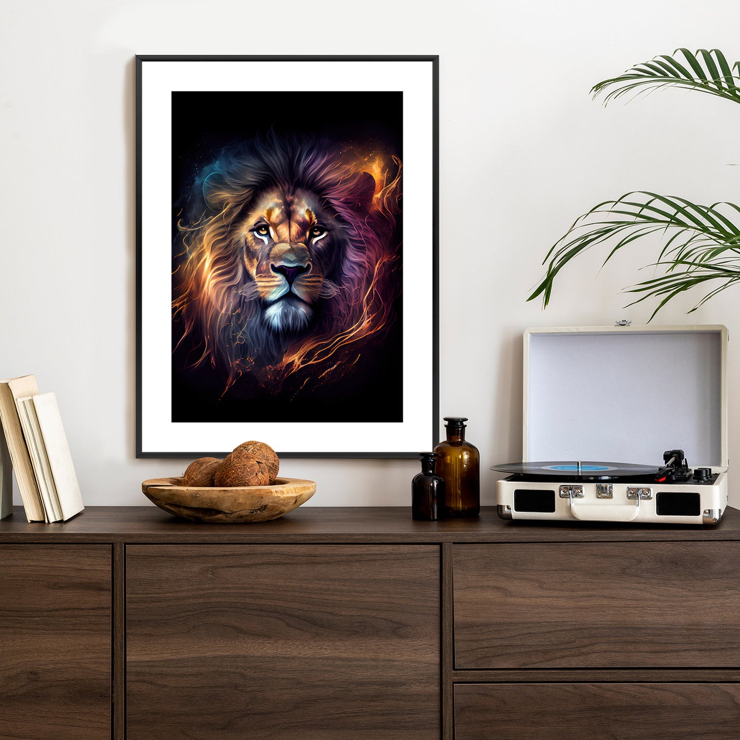 Poster Magisches Porträt Eines Löwen Rahmen Holz Mit Passepartout Farbe Natürlich