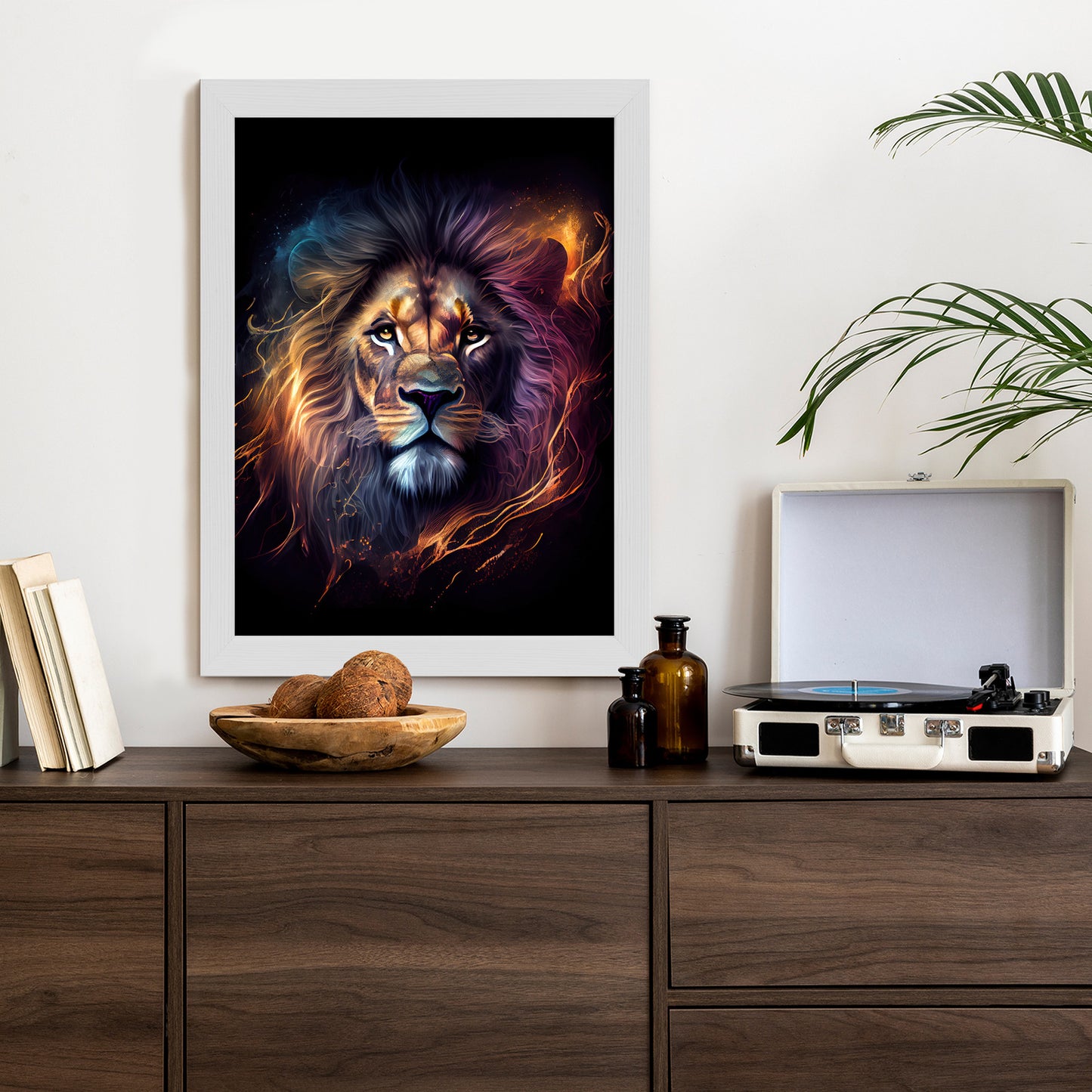 Poster Magisches Porträt Eines Löwen Rahmen Holz Mit Passepartout Farbe Natürlich