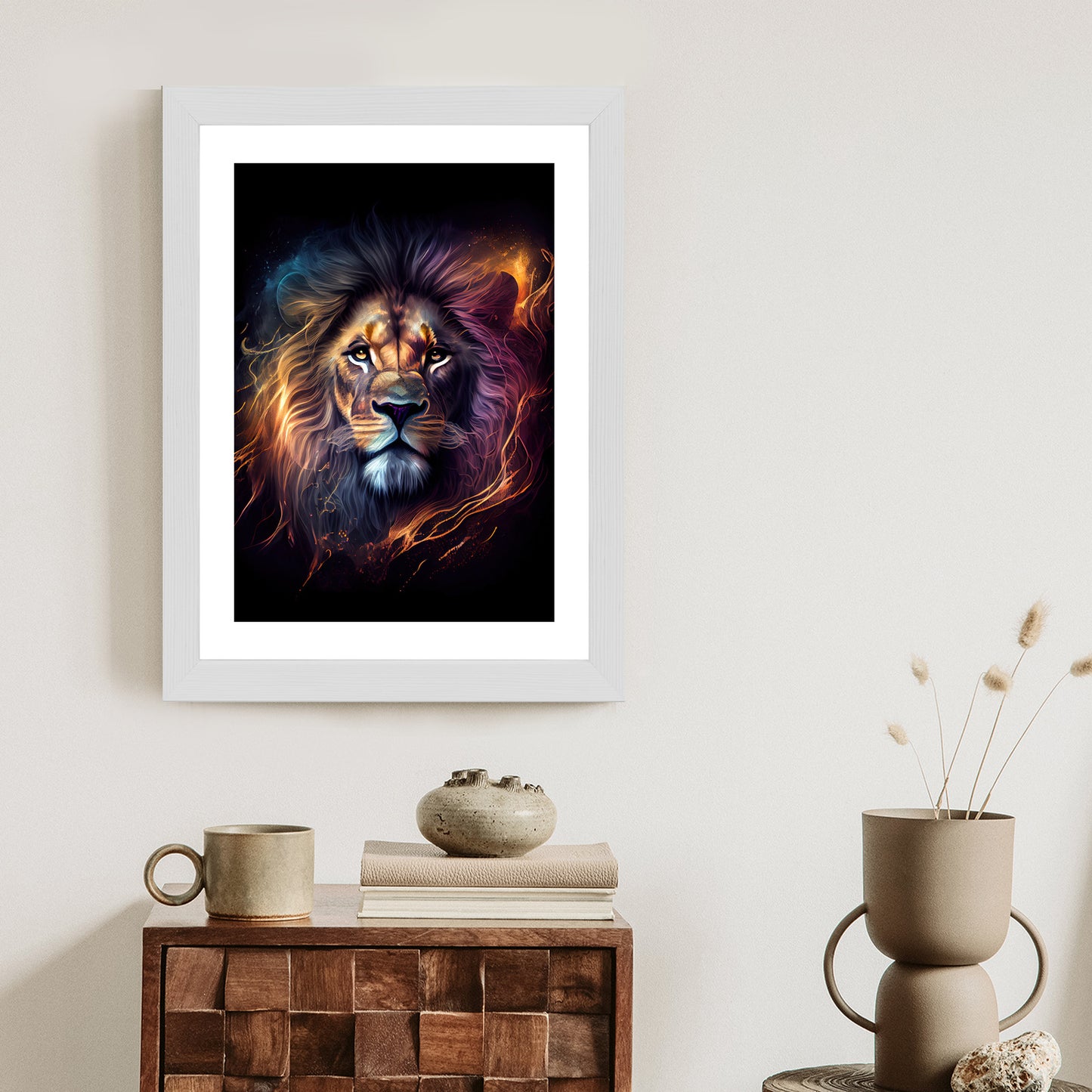 Poster Magisches Porträt Eines Löwen Rahmen Holz Mit Passepartout Farbe Natürlich
