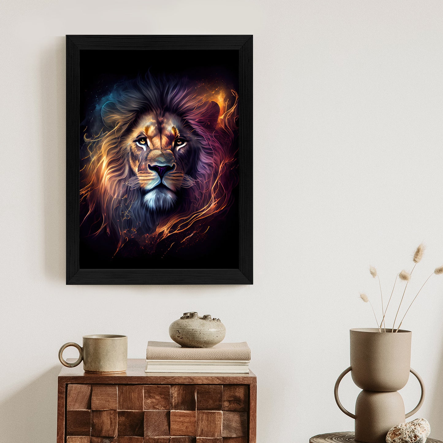 Poster Magisches Porträt Eines Löwen Rahmen Holz Mit Passepartout Farbe Natürlich