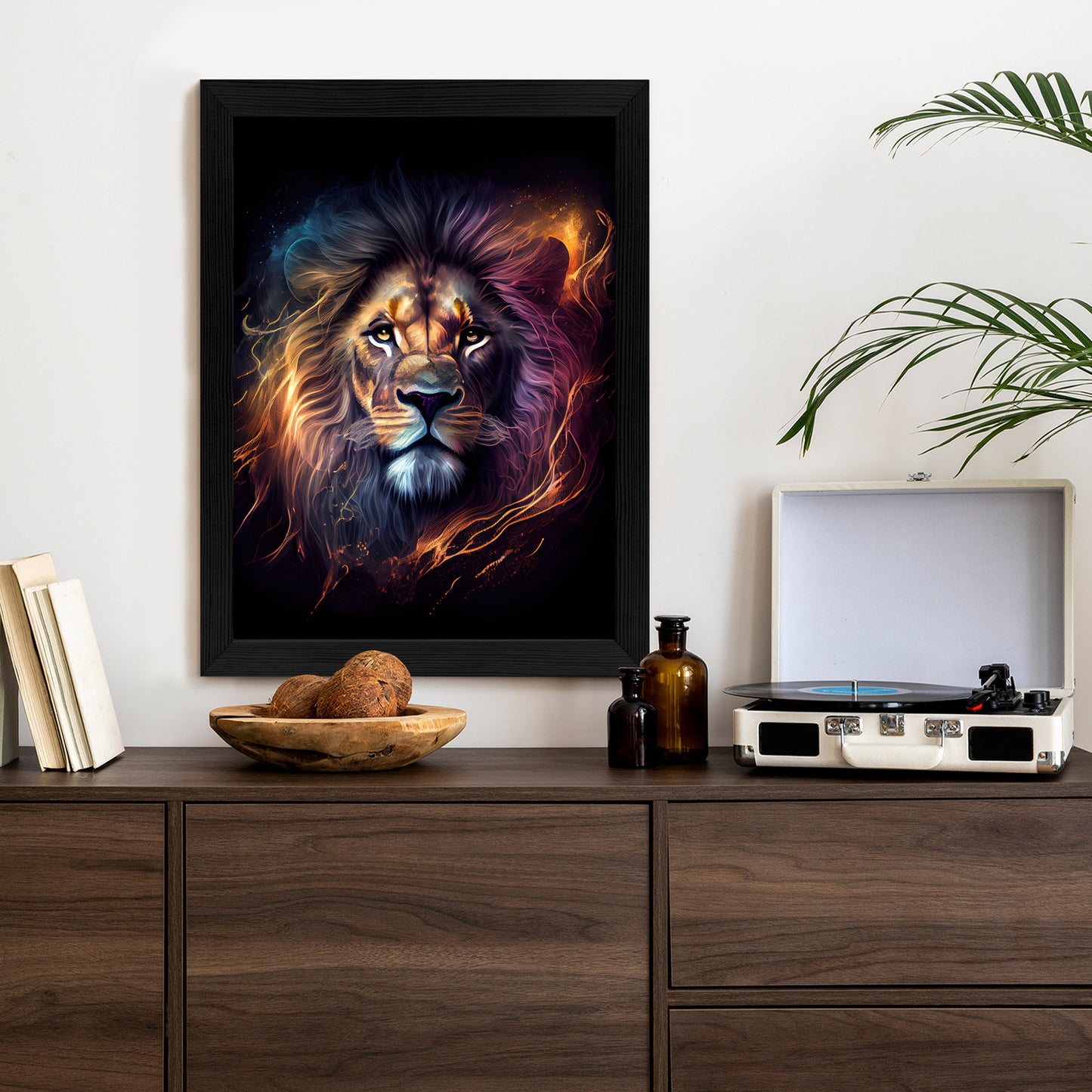 Poster Magisches Porträt Eines Löwen Rahmen Holz Mit Passepartout Farbe Natürlich
