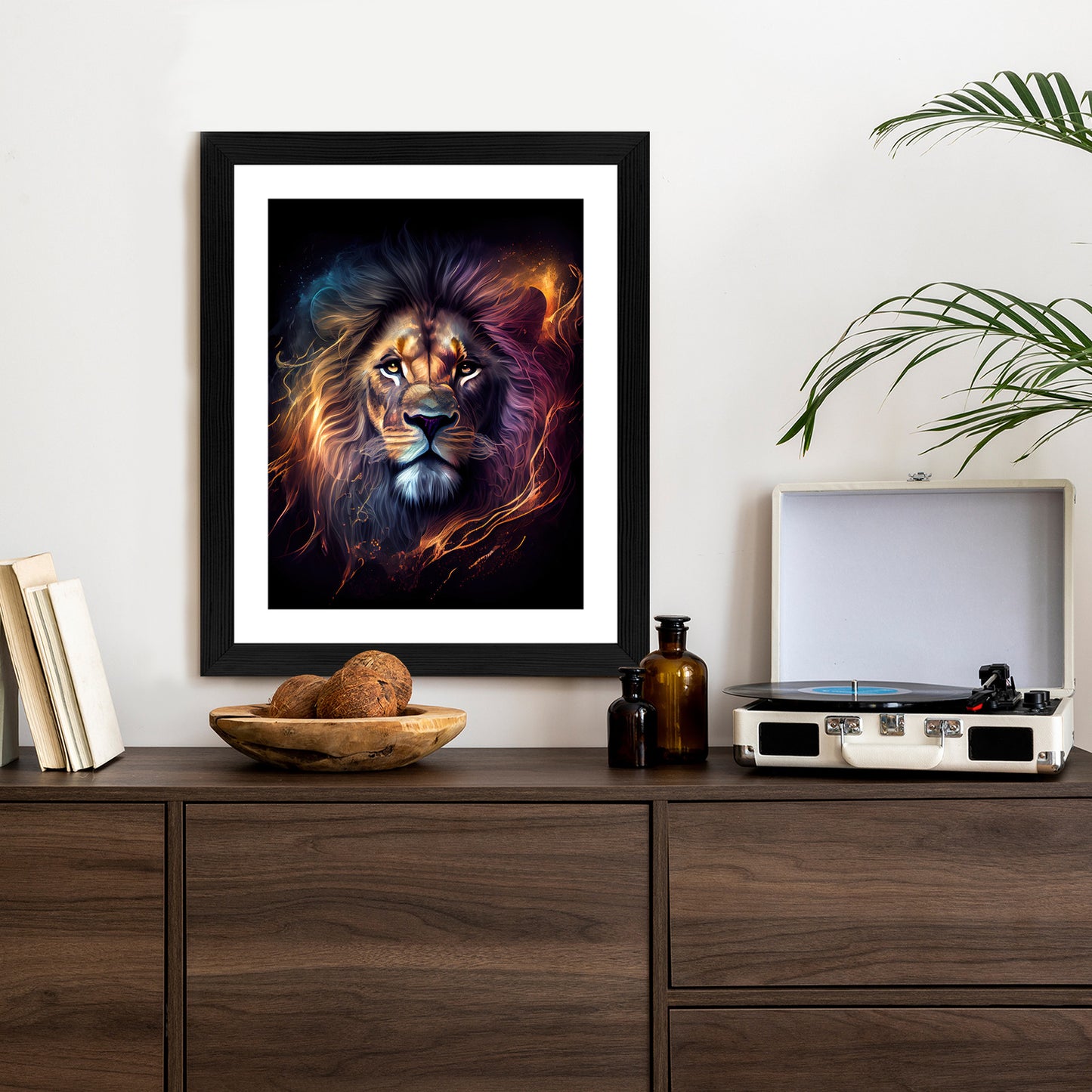 Poster Magisches Porträt Eines Löwen Rahmen Holz Mit Passepartout Farbe Natürlich