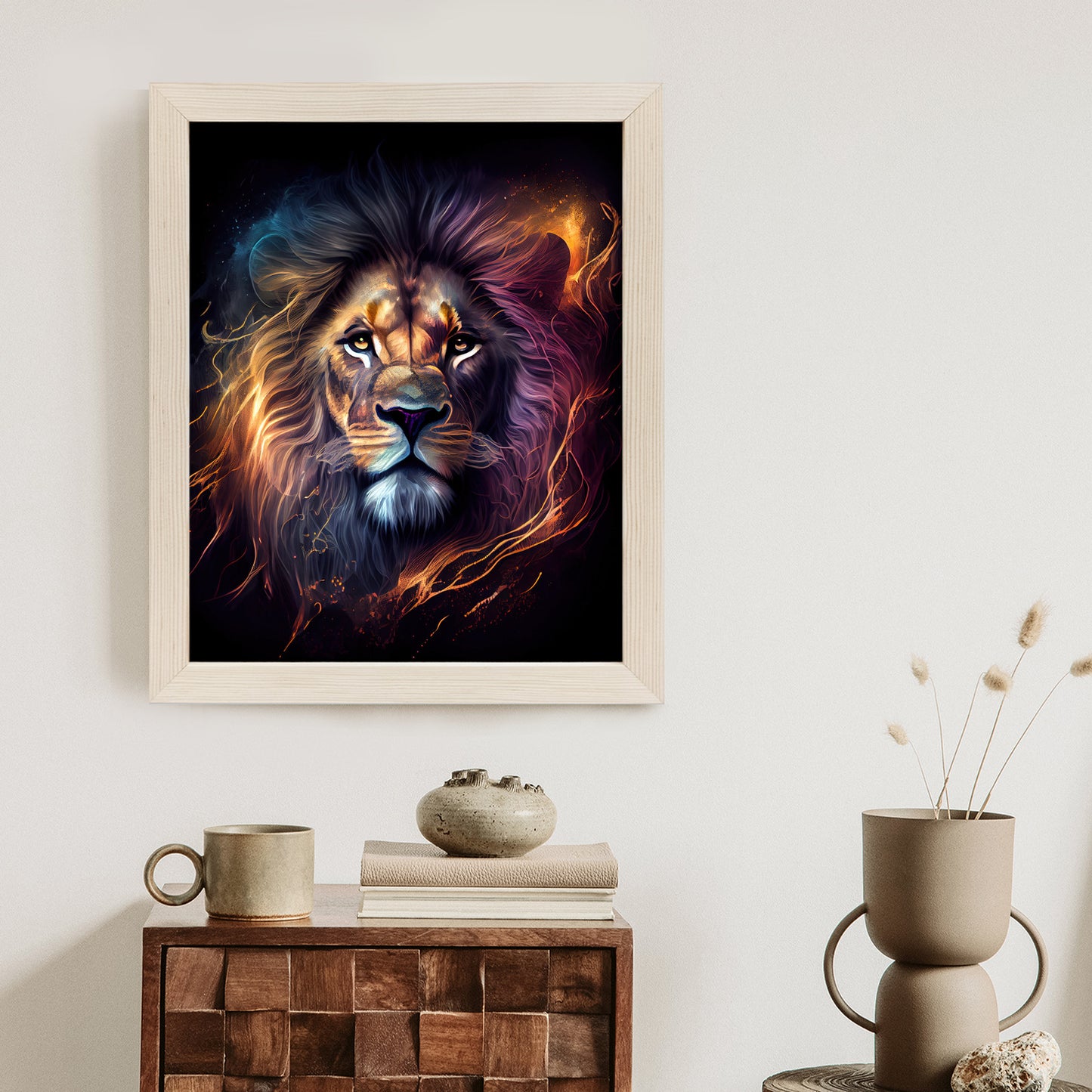Poster Magisches Porträt Eines Löwen Rahmen Holz Mit Passepartout Farbe Natürlich