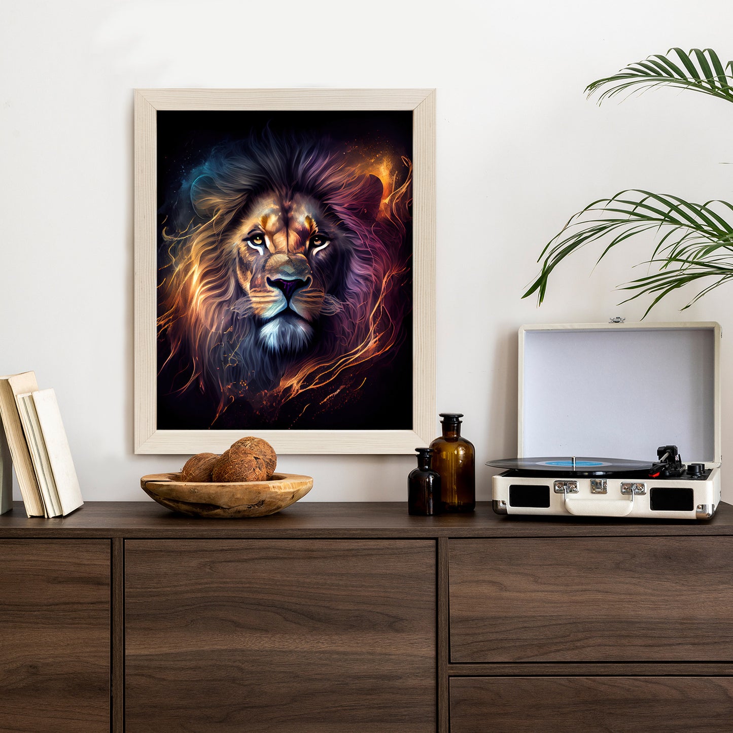 Poster Magisches Porträt Eines Löwen Rahmen Holz Mit Passepartout Farbe Natürlich