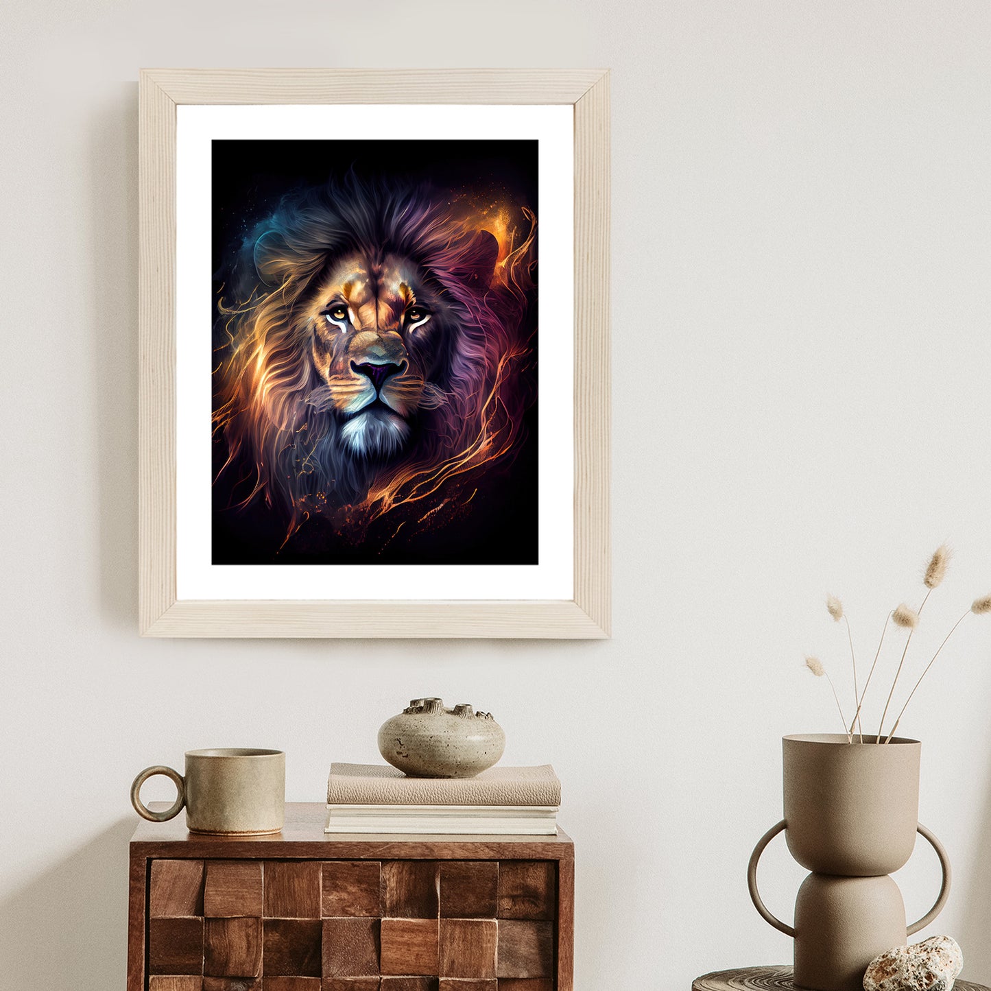 Poster Magisches Porträt Eines Löwen Rahmen Holz Mit Passepartout Farbe Natürlich