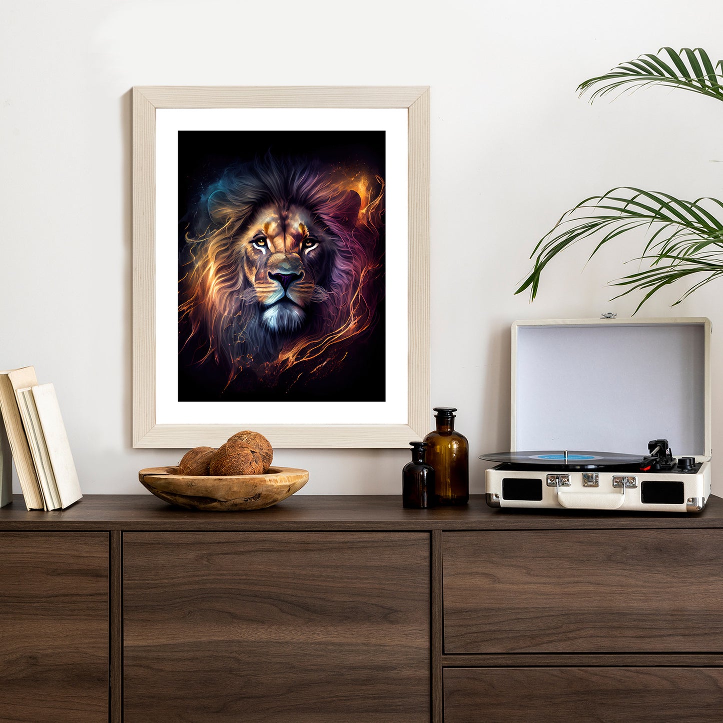 Poster Magisches Porträt Eines Löwen Rahmen Holz Mit Passepartout Farbe Natürlich