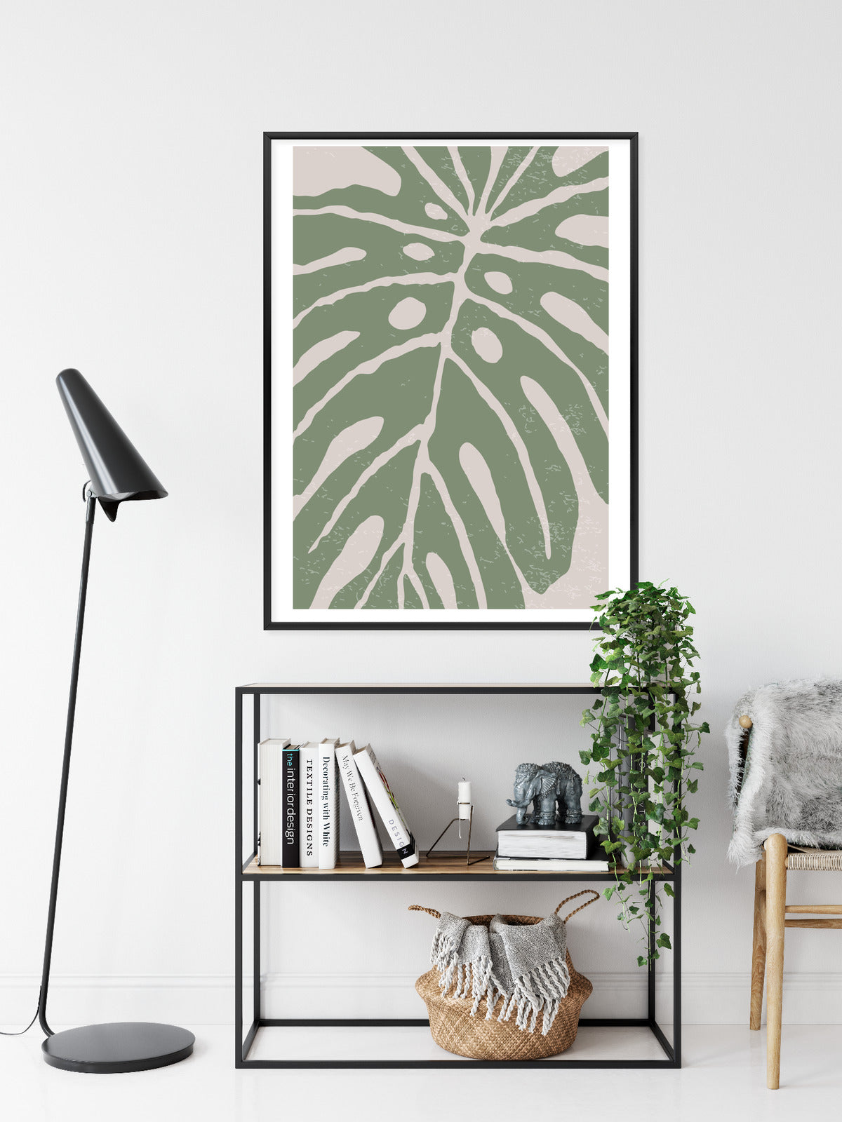 Poster Grünes Monstera-Blatt Rahmen Holz Mit Passepartout Farbe Natürlich