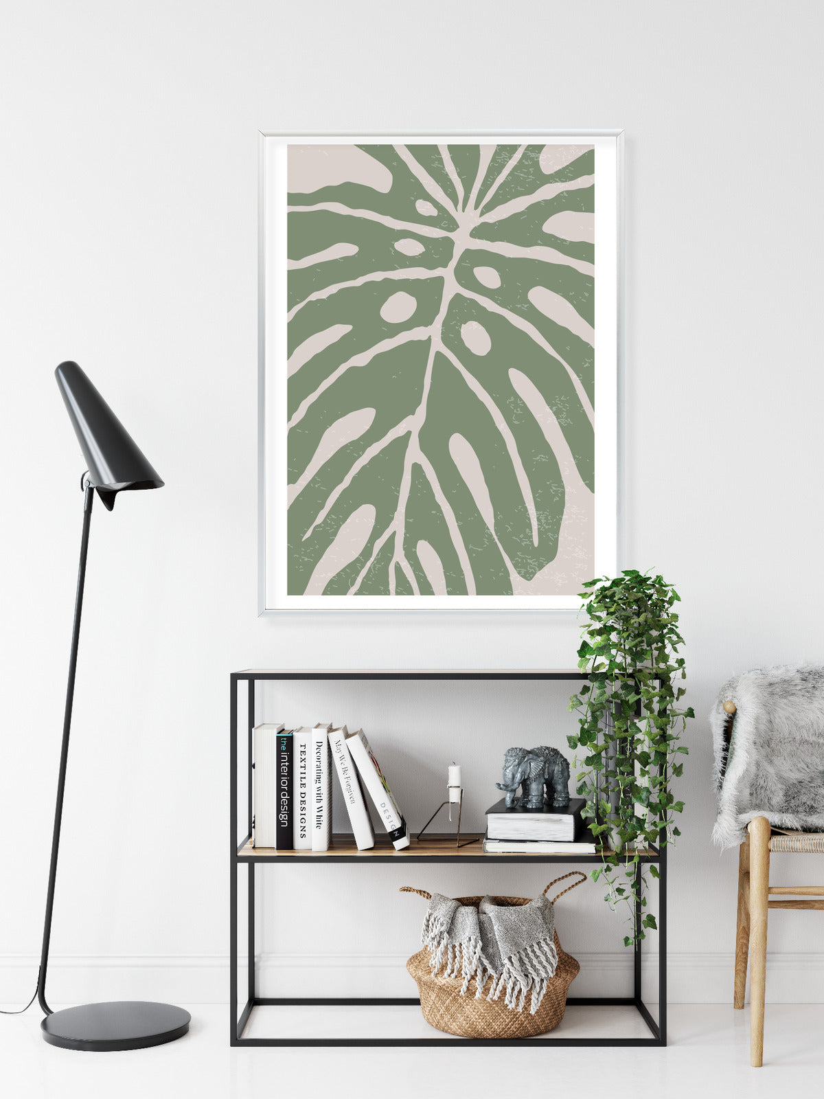 Poster Grünes Monstera-Blatt Rahmen Holz Mit Passepartout Farbe Natürlich