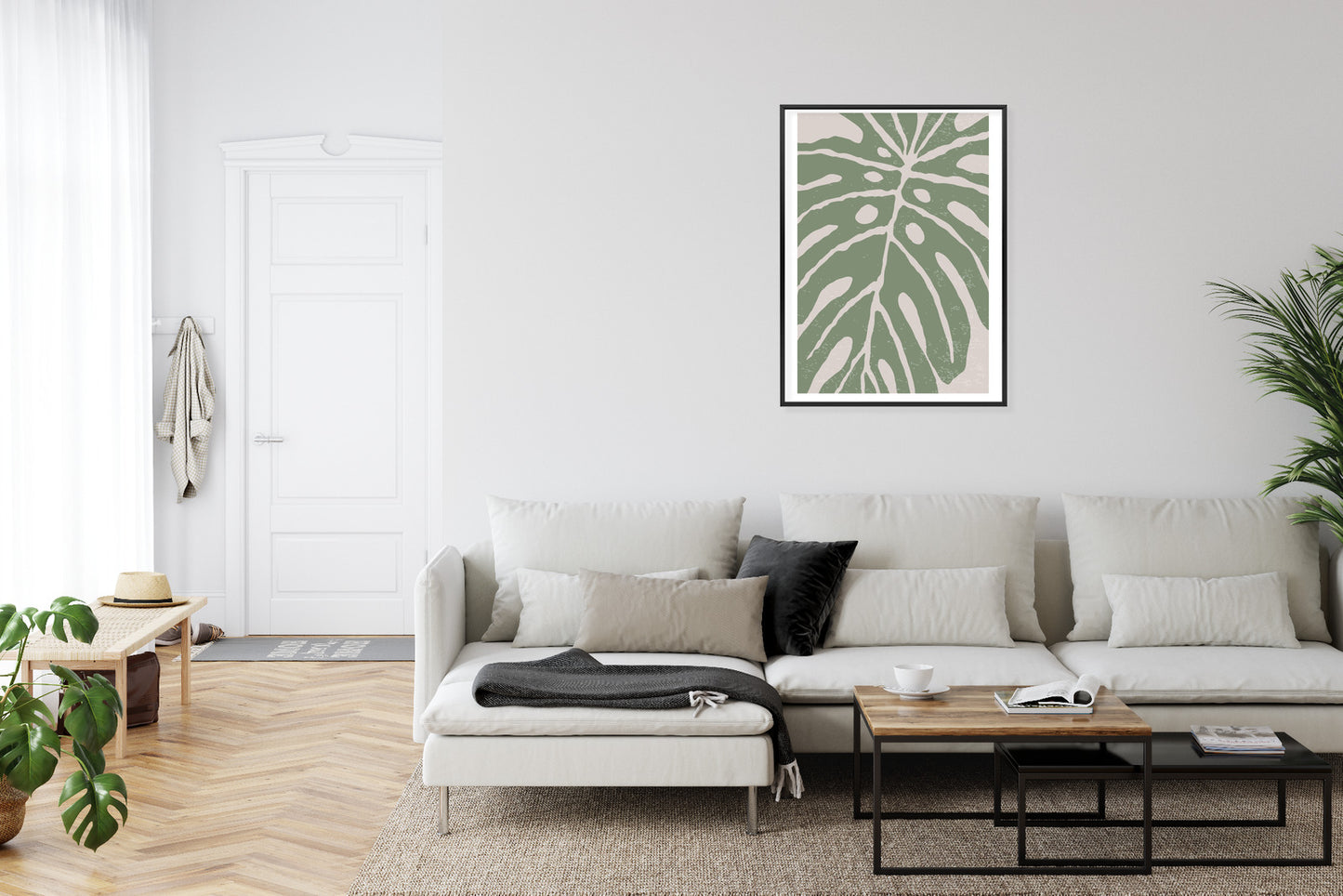 Poster Grünes Monstera-Blatt Rahmen Holz Mit Passepartout Farbe Natürlich