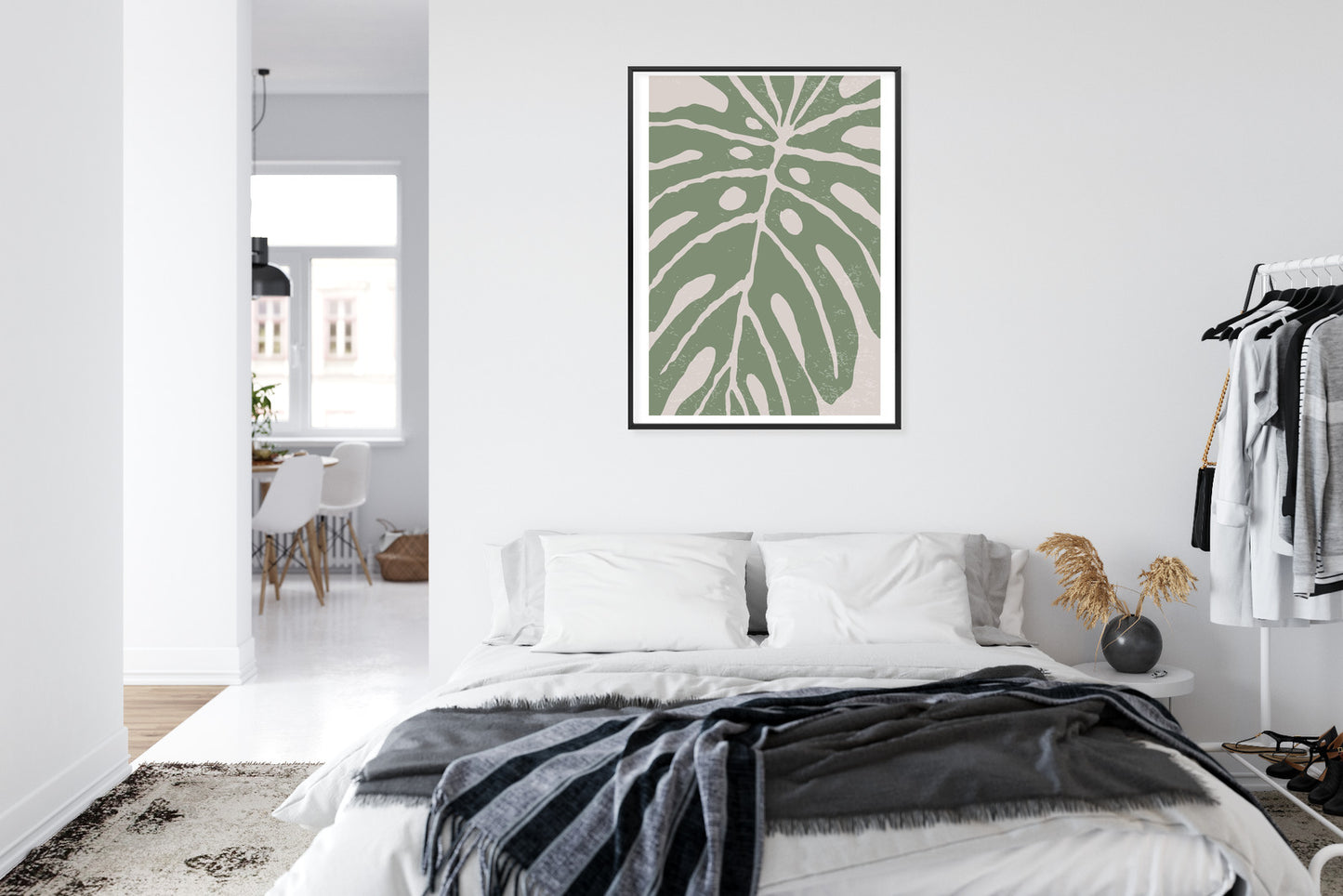 Poster Grünes Monstera-Blatt Rahmen Holz Mit Passepartout Farbe Natürlich