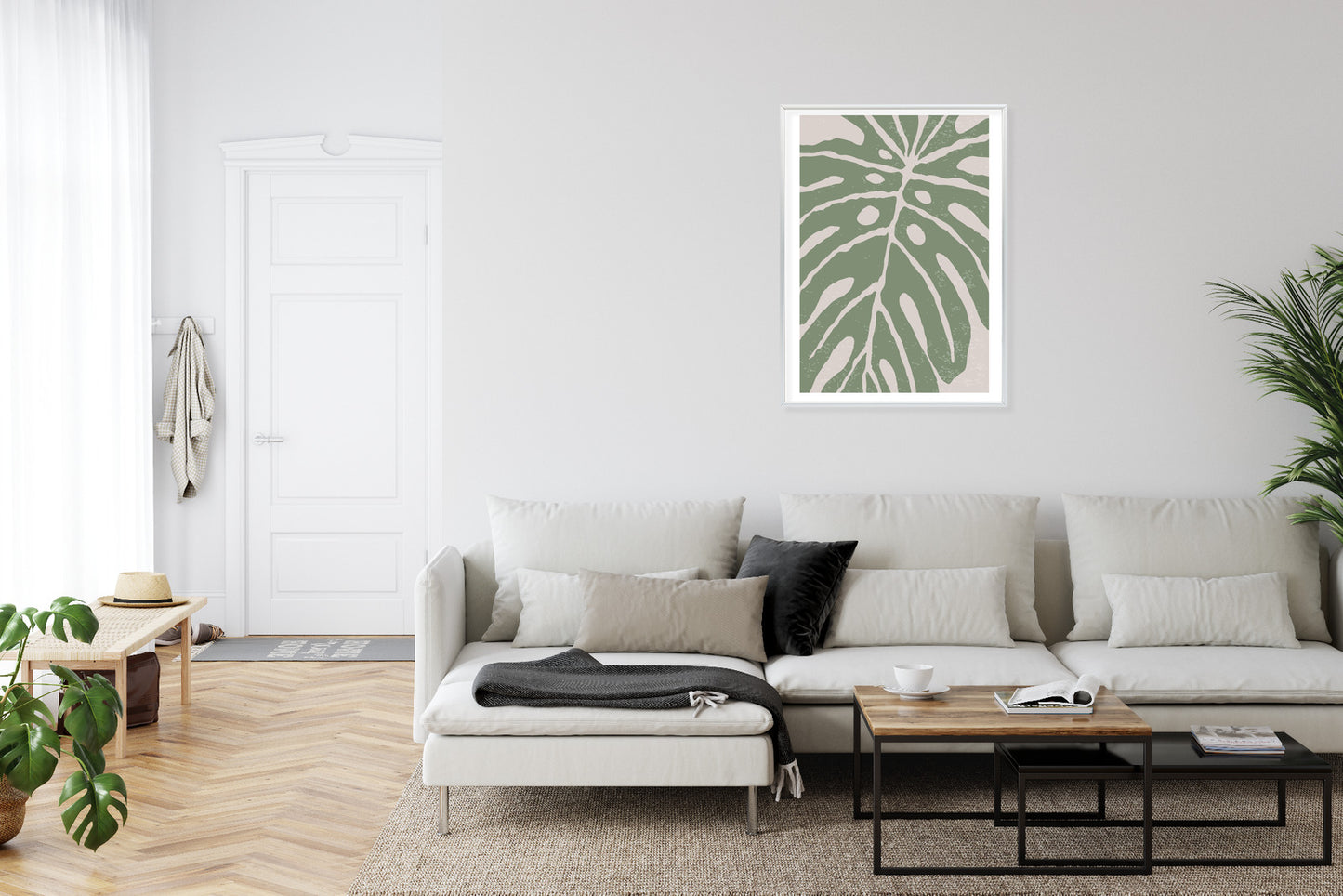 Poster Grünes Monstera-Blatt Rahmen Holz Mit Passepartout Farbe Natürlich