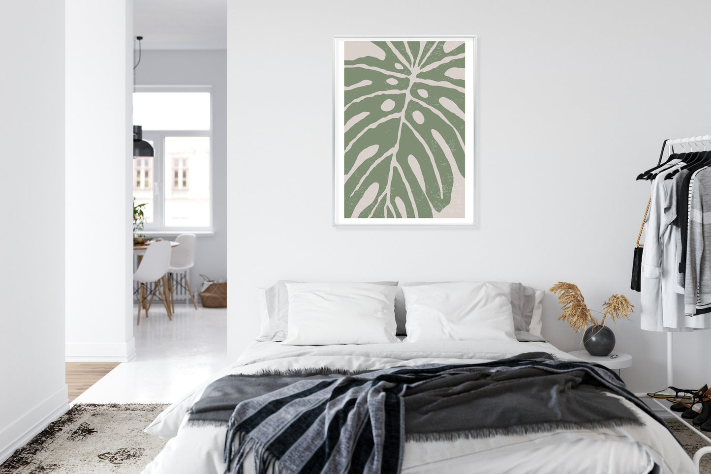 Poster Grünes Monstera-Blatt Rahmen Holz Mit Passepartout Farbe Natürlich