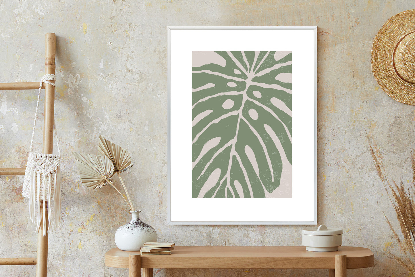 Poster Grünes Monstera-Blatt Rahmen Holz Mit Passepartout Farbe Natürlich