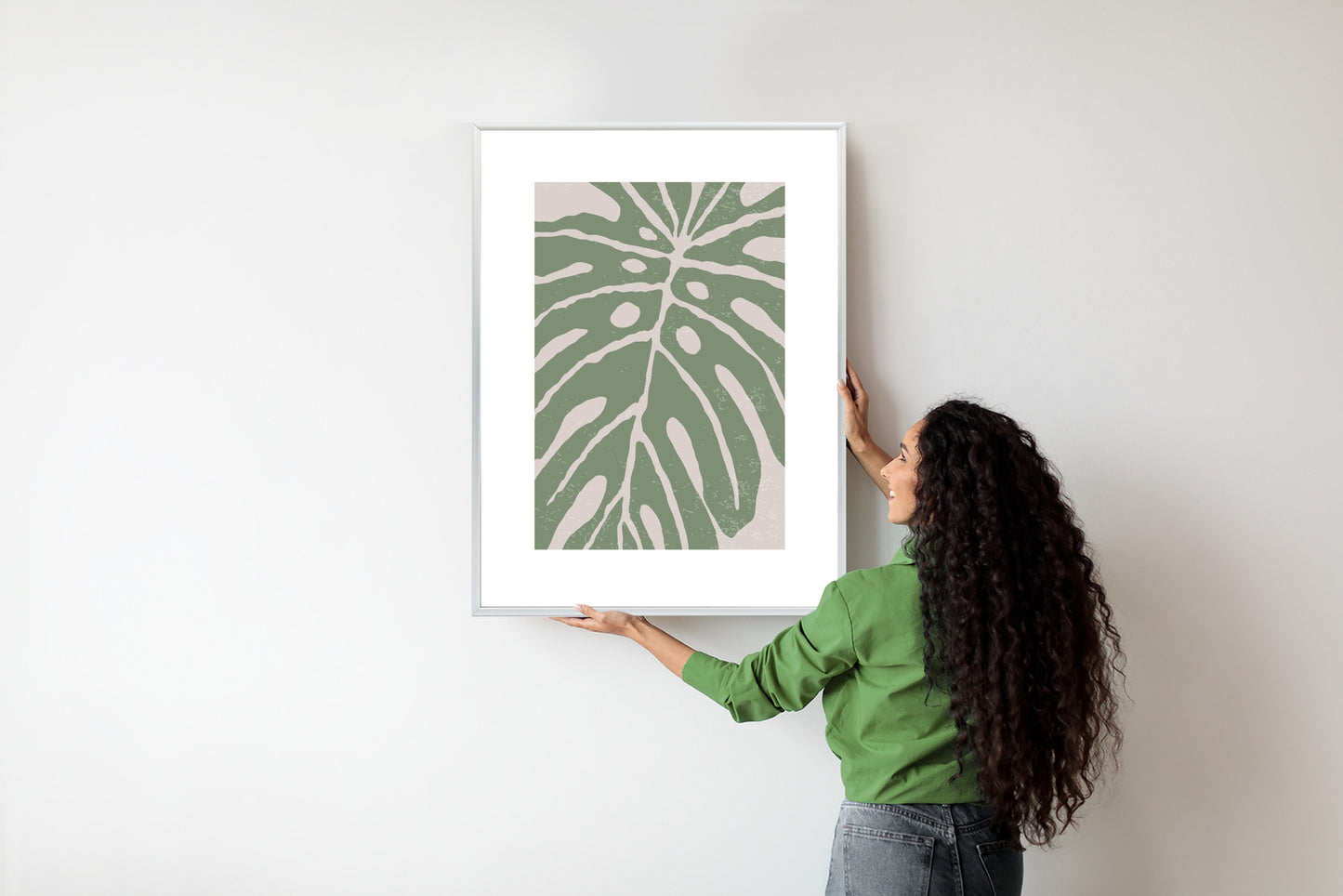 Poster Grünes Monstera-Blatt Rahmen Holz Mit Passepartout Farbe Natürlich