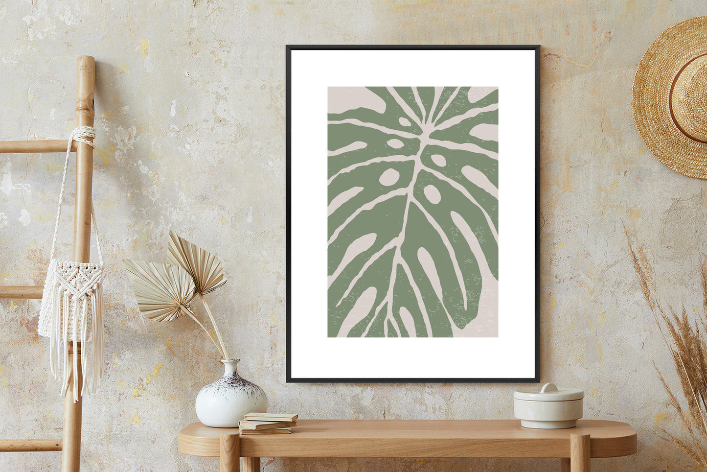 Poster Grünes Monstera-Blatt Rahmen Holz Mit Passepartout Farbe Natürlich