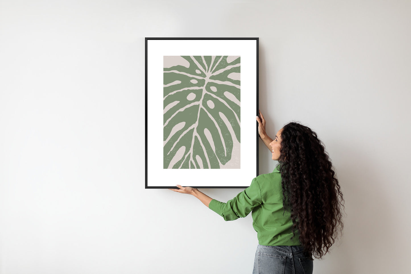 Poster Grünes Monstera-Blatt Rahmen Holz Mit Passepartout Farbe Natürlich