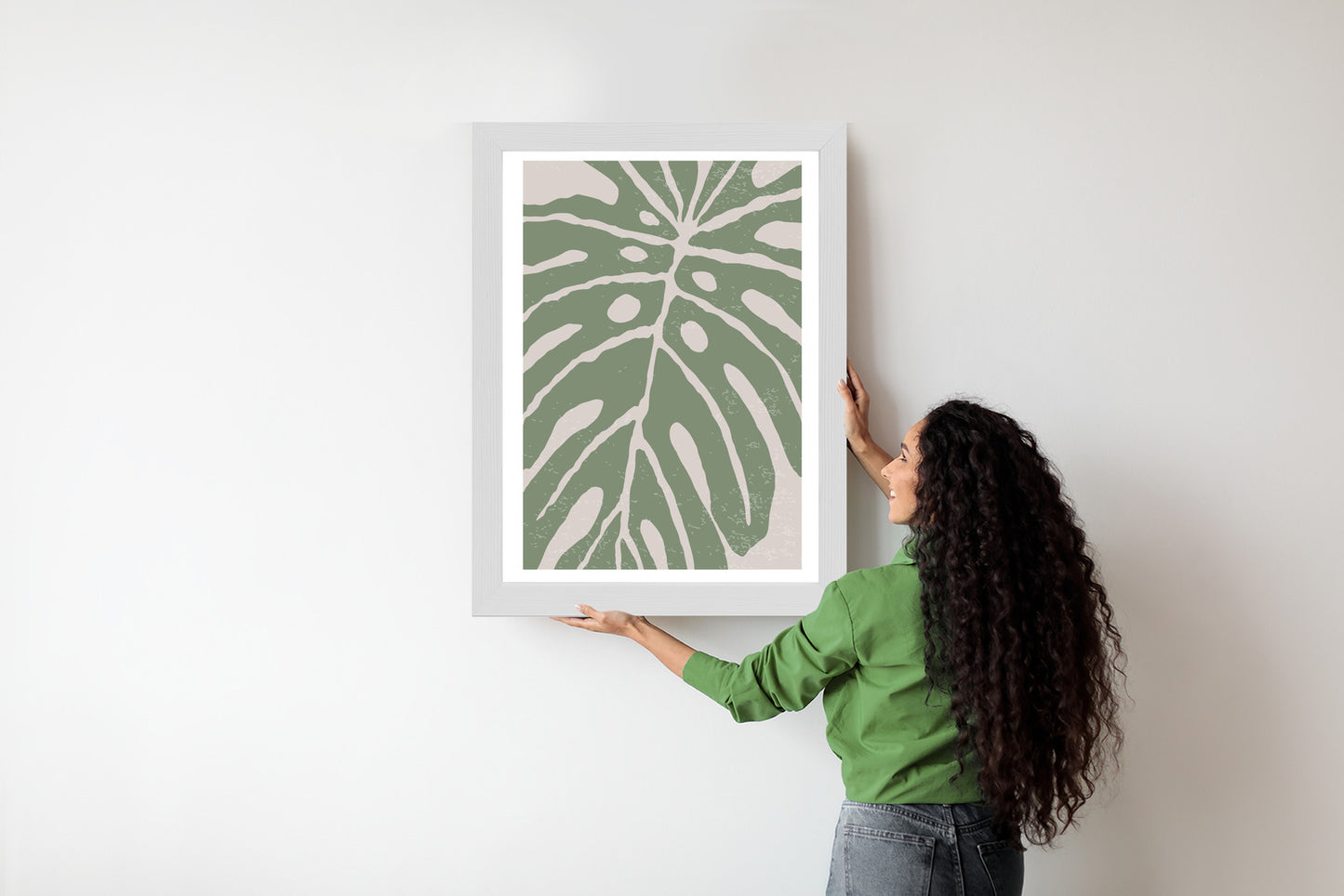 Poster Grünes Monstera-Blatt Rahmen Holz Mit Passepartout Farbe Natürlich