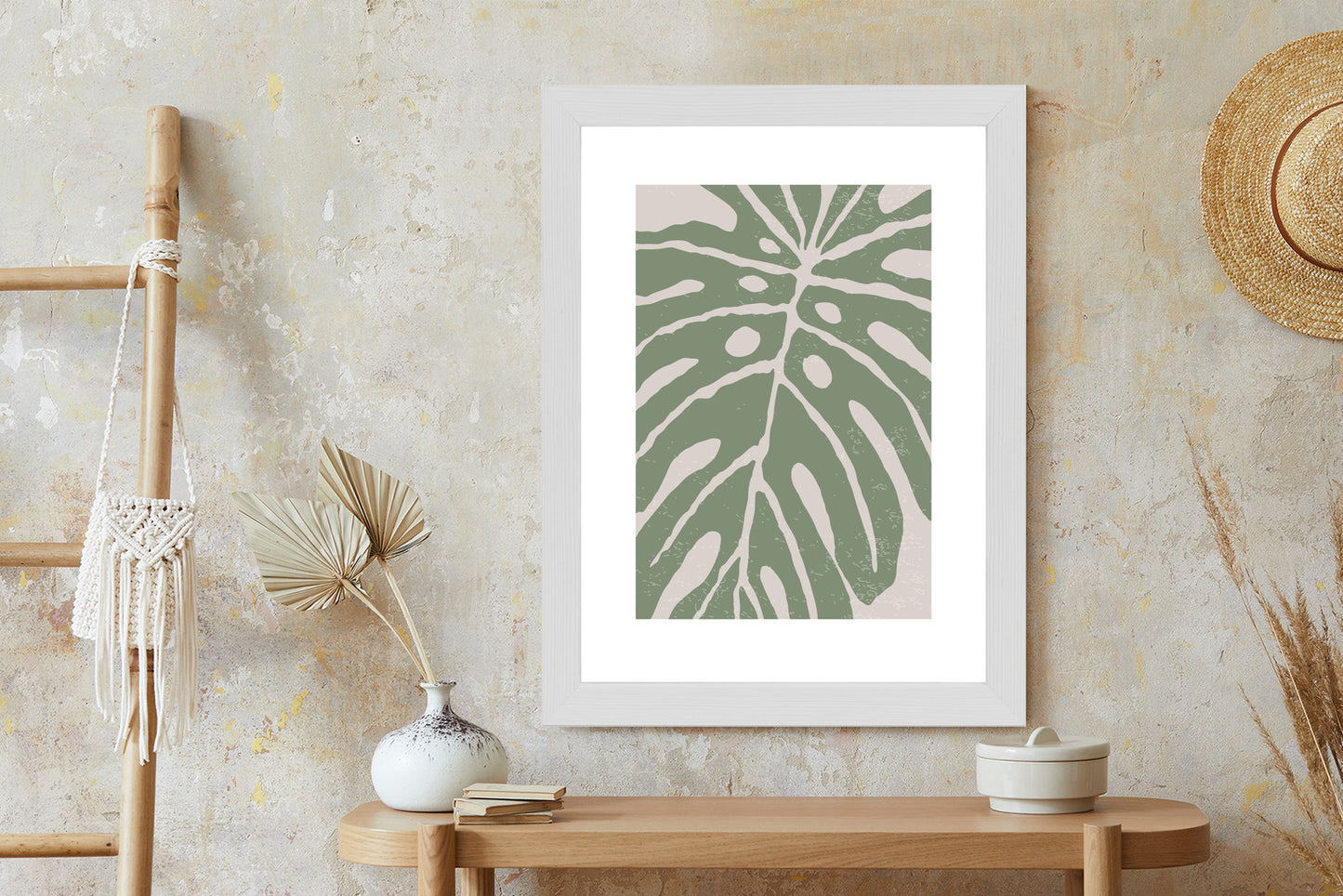 Poster Grünes Monstera-Blatt Rahmen Holz Mit Passepartout Farbe Natürlich