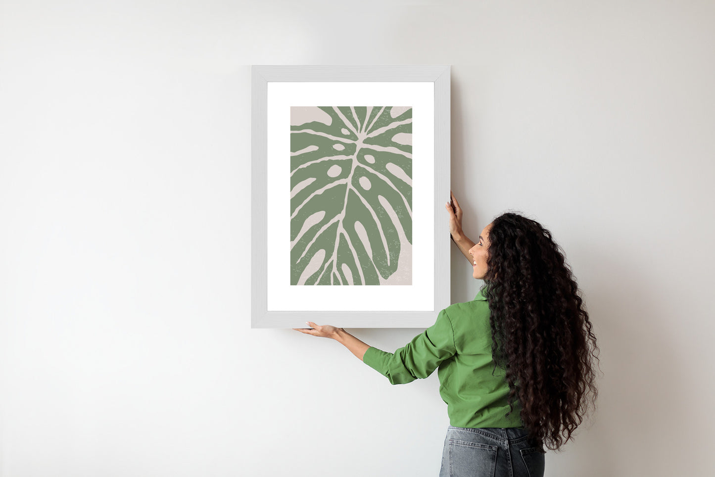 Poster Grünes Monstera-Blatt Rahmen Holz Mit Passepartout Farbe Natürlich