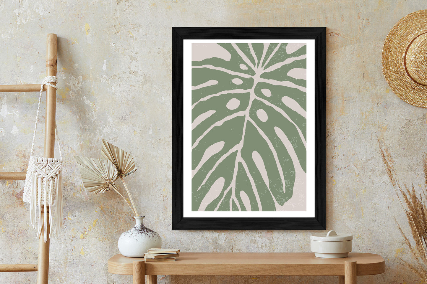 Poster Grünes Monstera-Blatt Rahmen Holz Mit Passepartout Farbe Natürlich