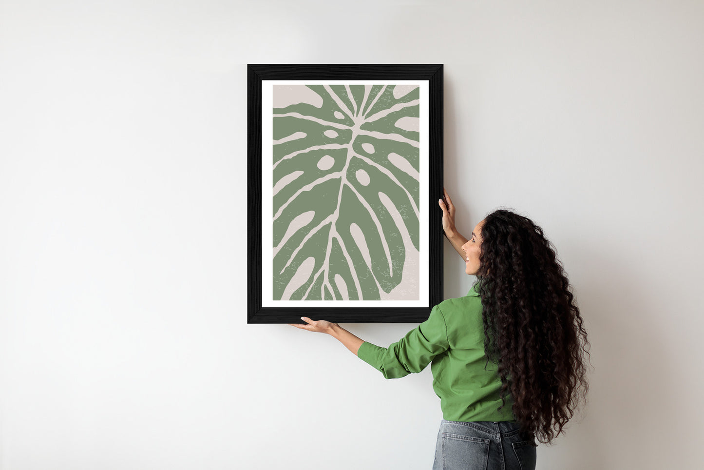 Poster Grünes Monstera-Blatt Rahmen Holz Mit Passepartout Farbe Natürlich