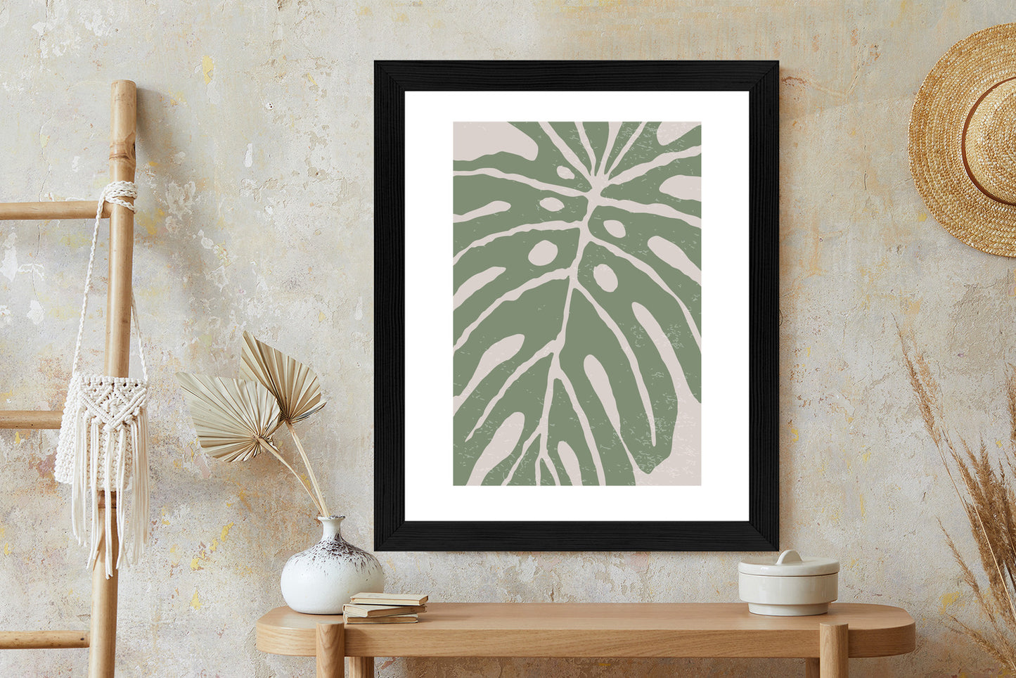 Poster Grünes Monstera-Blatt Rahmen Holz Mit Passepartout Farbe Natürlich