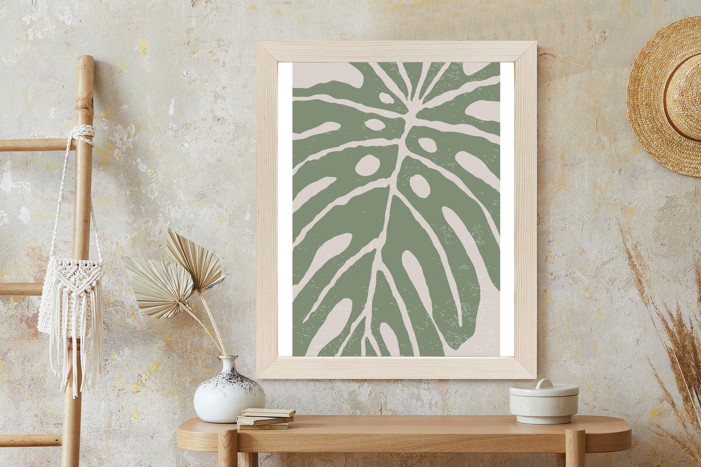 Poster Grünes Monstera-Blatt Rahmen Holz Mit Passepartout Farbe Natürlich