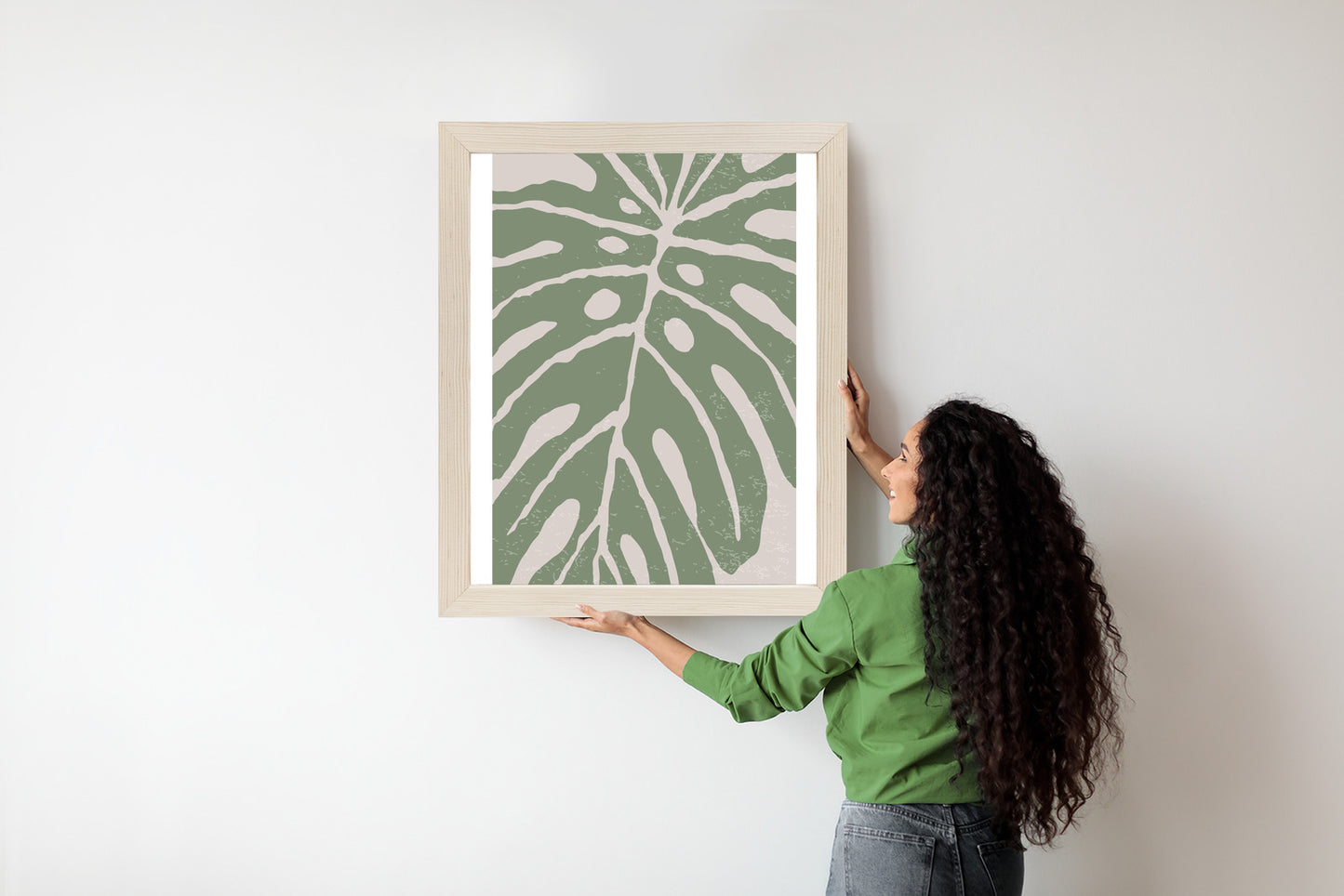 Poster Grünes Monstera-Blatt Rahmen Holz Mit Passepartout Farbe Natürlich