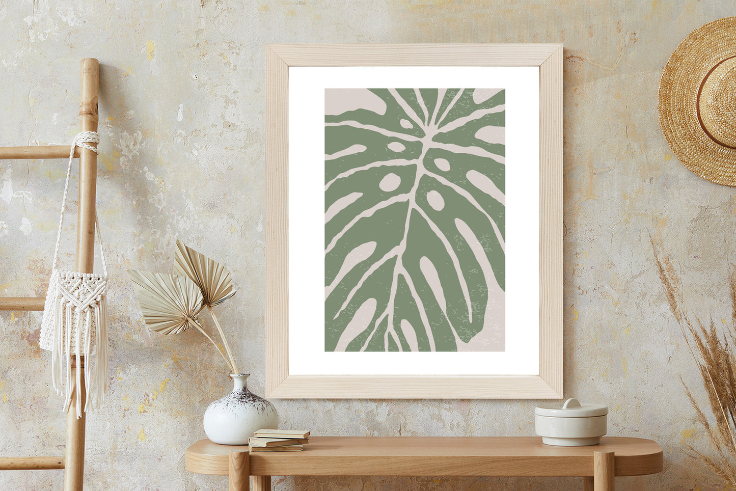Poster Grünes Monstera-Blatt Rahmen Holz Mit Passepartout Farbe Natürlich