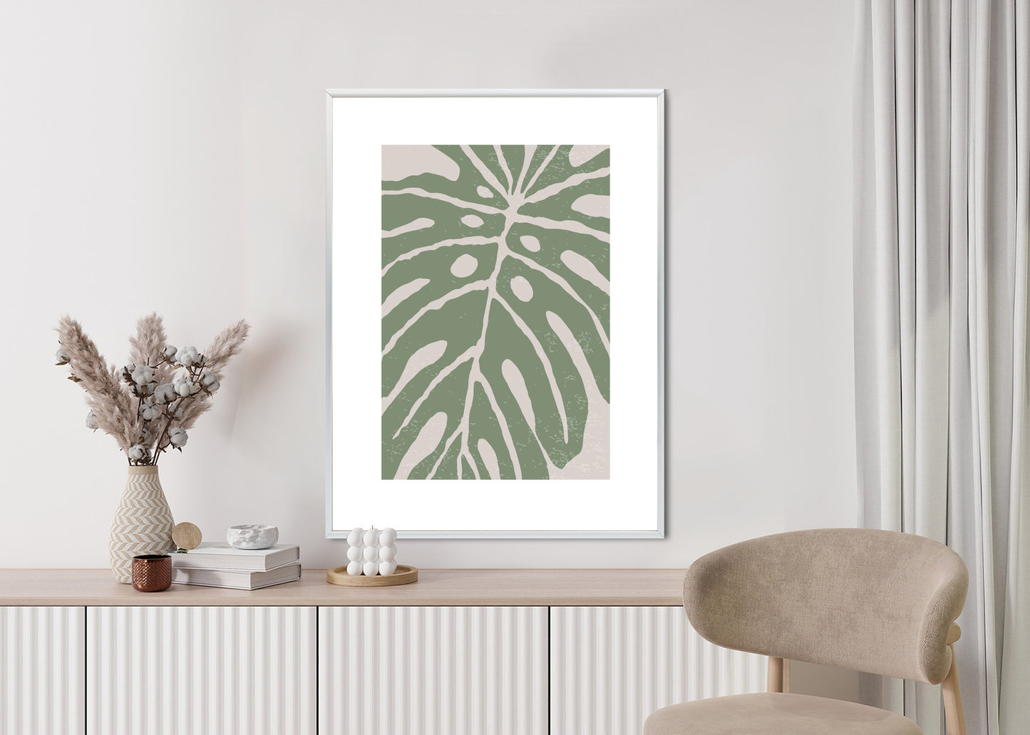Poster Grünes Monstera-Blatt Rahmen Holz Mit Passepartout Farbe Natürlich