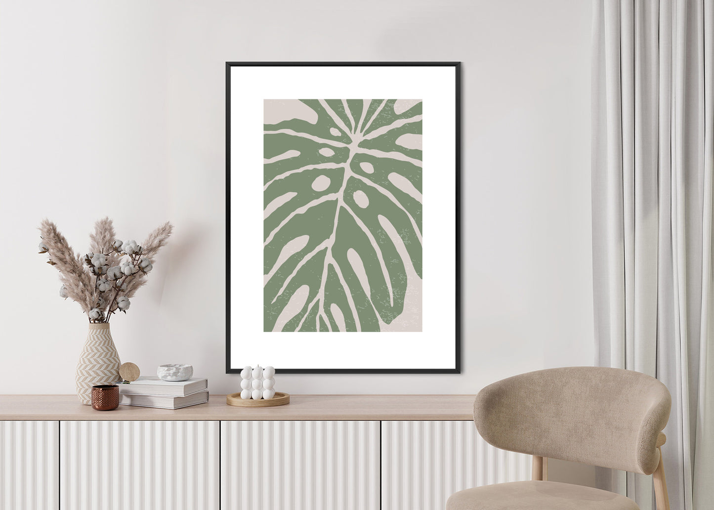 Poster Grünes Monstera-Blatt Rahmen Holz Mit Passepartout Farbe Natürlich